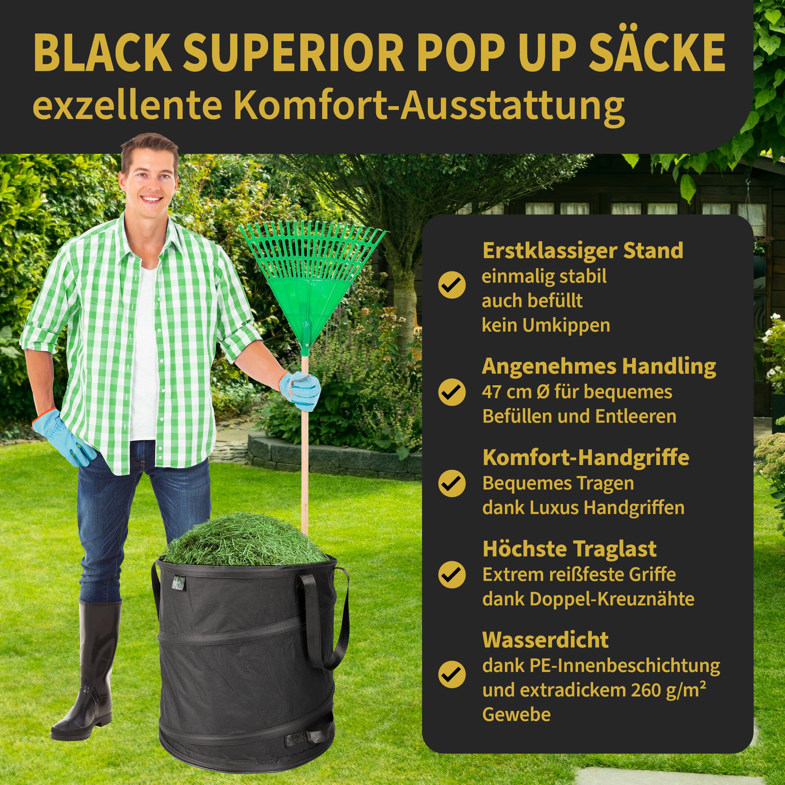 TTL GARDEN BLACK SUPERIOR 3x 85L Pop Up Gartensack - DOPPELTER BODEN 260gsm extra stabil 600D Oxford 3er Set 85 Liter Gartenabfallsack Laubsack faltbar Grünschnitt Garten Abfall selbstaufstellend