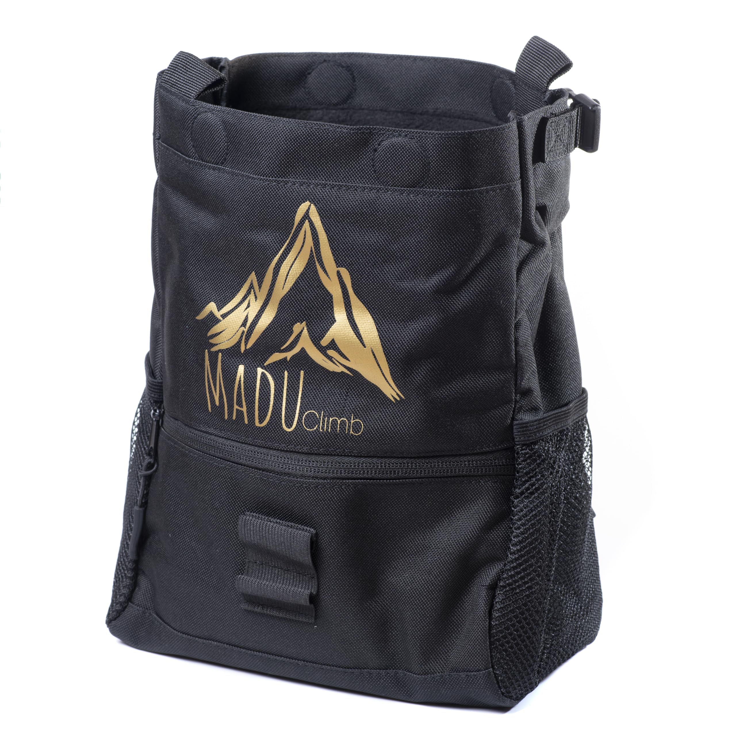 Madu Climb - Bouldering Chalk Big Bucket Large Self-Standing Chalk Bag with Magnetic Closure, Fleece Lining, Zippered Pockets & Brush Holders – Limited Black Edition