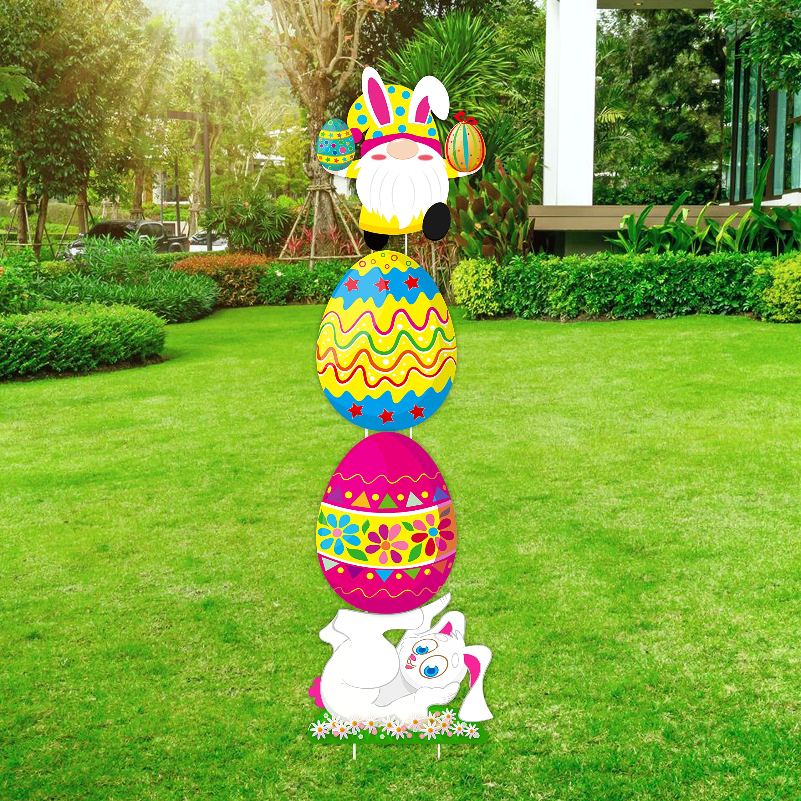 Inwnpio Easter Decorations Yard Signs Stakes - Gnome Bunny Eggs Hunt Lawn Outdoor Decor Ornaments