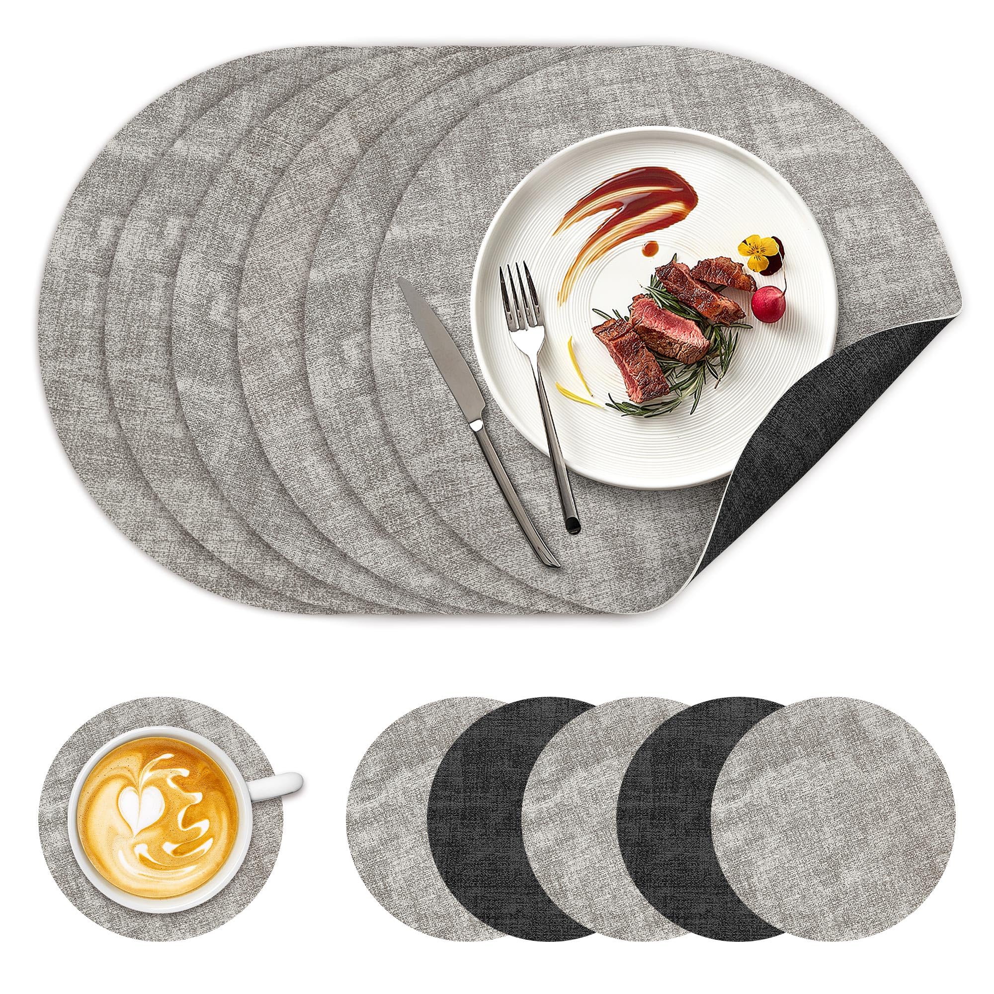 NCUE 13" Faux Leather Round Placemats Set of 6, Reversible Dual-Color