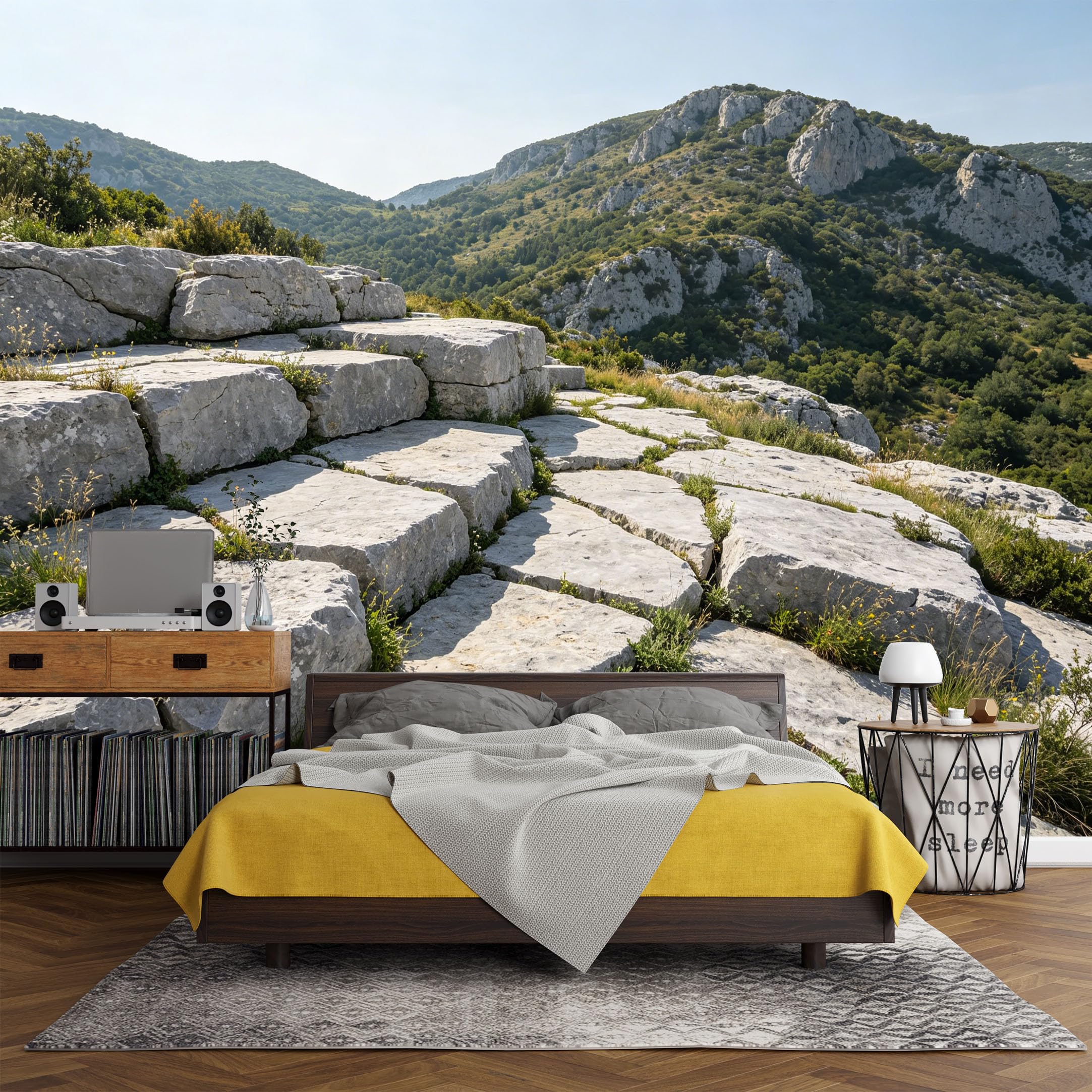 Custom Size Wall Mural， Mountain Landscape Rocky Path Green Hills Horizon View，SelfAdhesive Art Prints wall Fabric (No PVC) Removable Wallpaper Living Room Decor