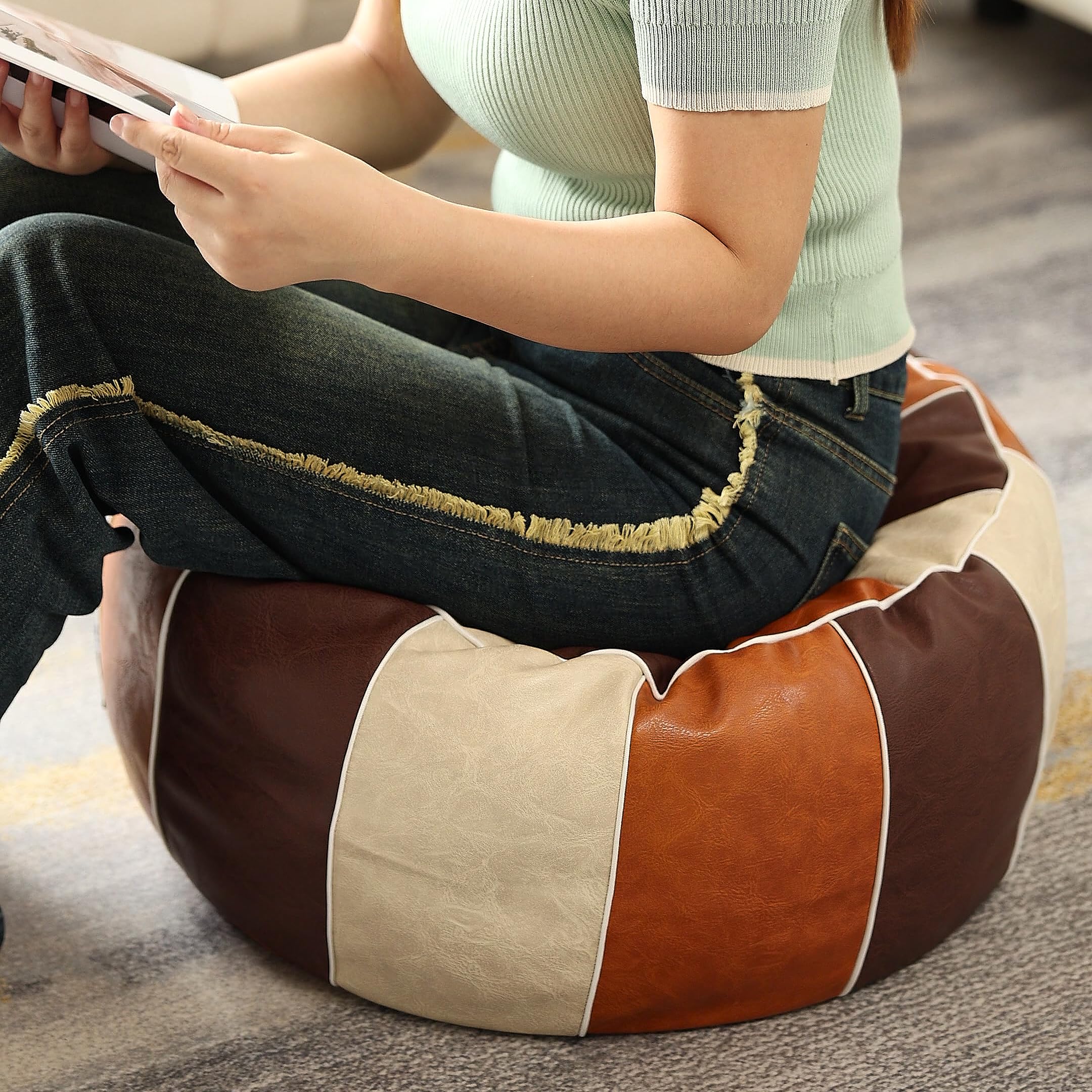 Louis Donné Funda otomana sin relleno, taburete de piel sintética para reposapiés, otomano estilo marroquí, 21 pulgadas, redondo, hecho a mano, para almacenamiento, reposapiés para sala de estar