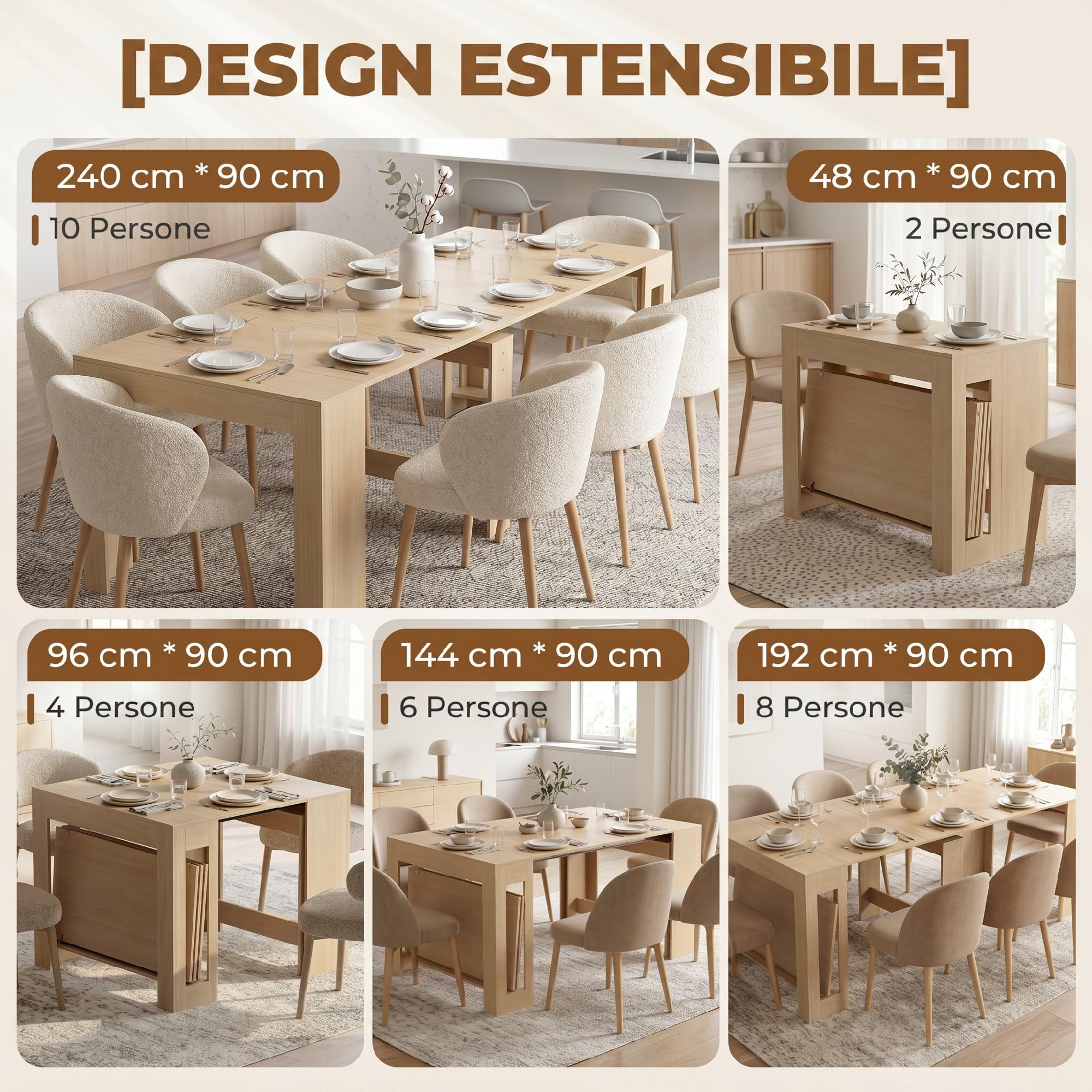 HOMCOM Tavolo da Pranzo Allungabile 48-240x90cm per 10 Marrone Chiaro | Tavolo Consolle Allungabile Rettangolare Salvaspazio, 4 Prolunghe, Soggiorno Cucina, Effetto Legno