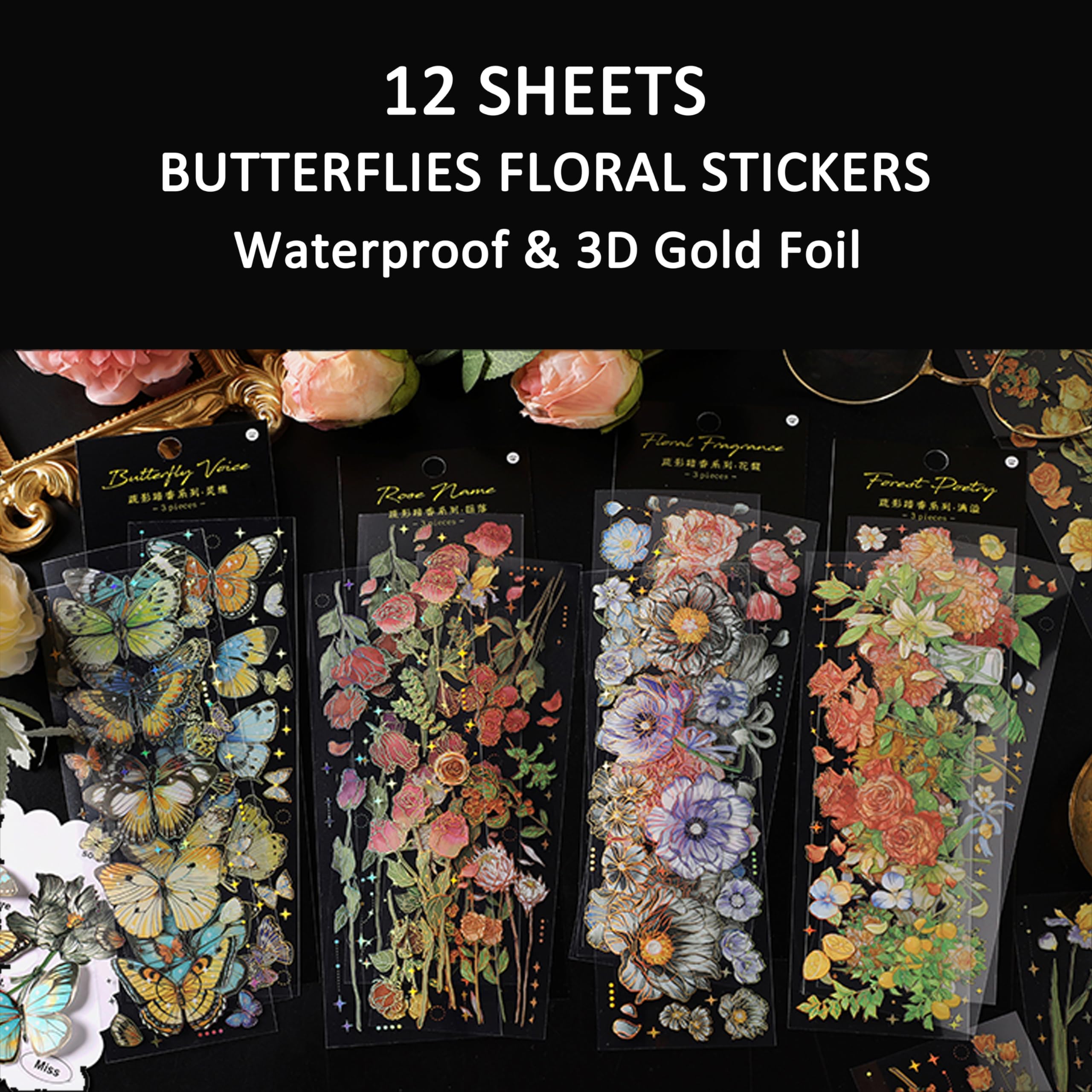 Butterfly Flower Stickers 12 Sheets - 3D Gold Foil Floral Resin Decals For Journaling & Crafts