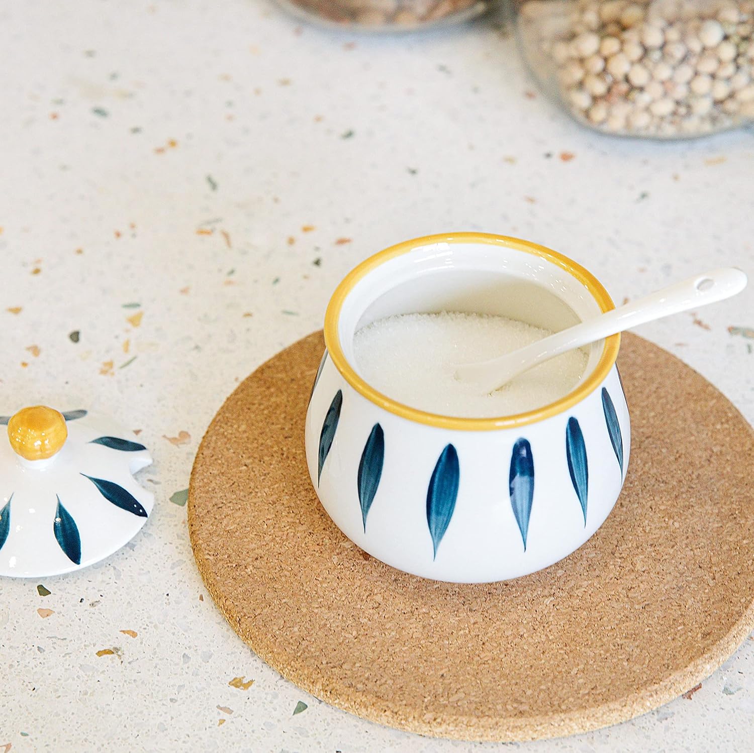 Ceramic Sugar Bowl with Lid and Spoon