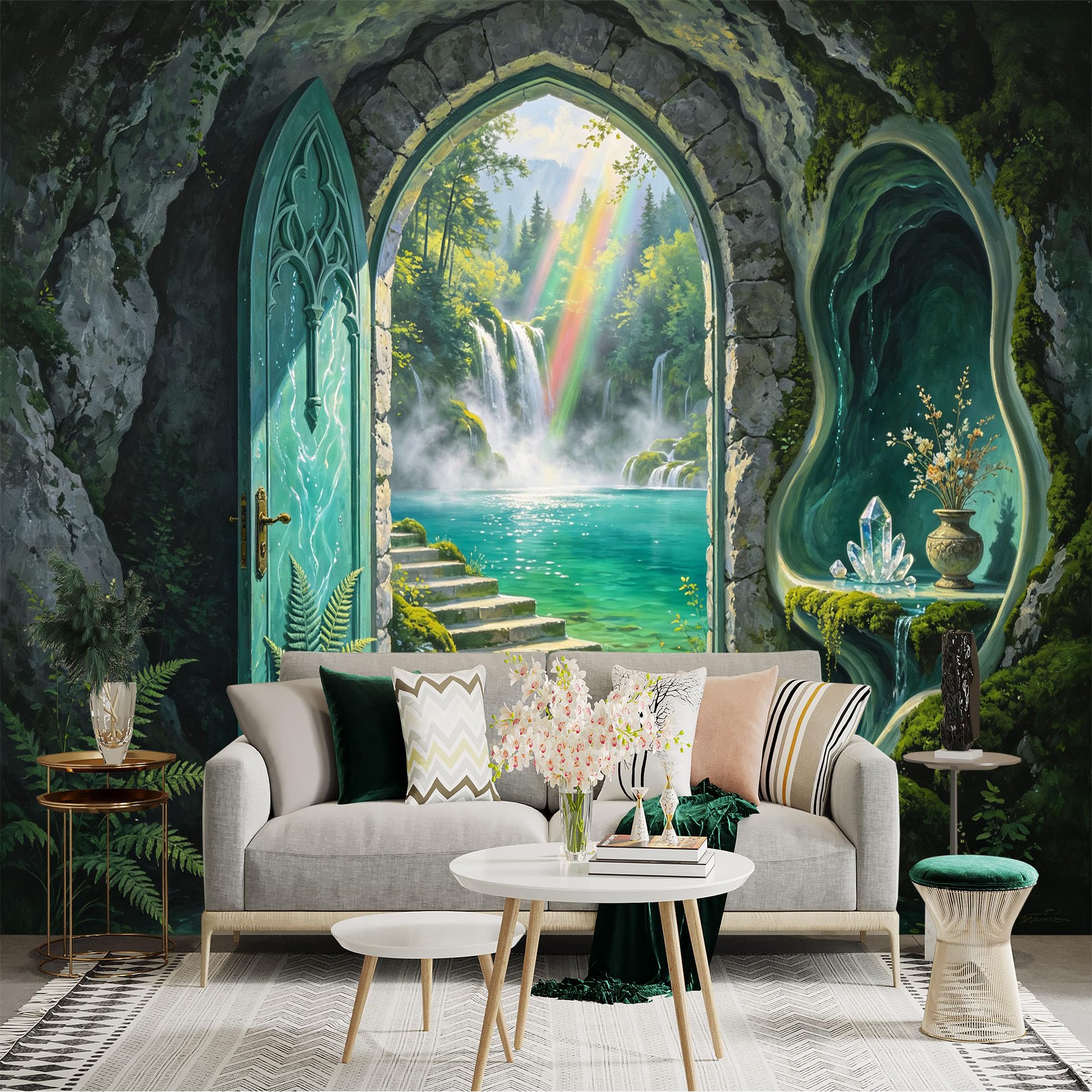 Custom Size Wall Sticker Mural， Fantasy Cave Portal with Waterfall Lake and Mystic Forest， for wall Decoration， peelandstick wall Decals.