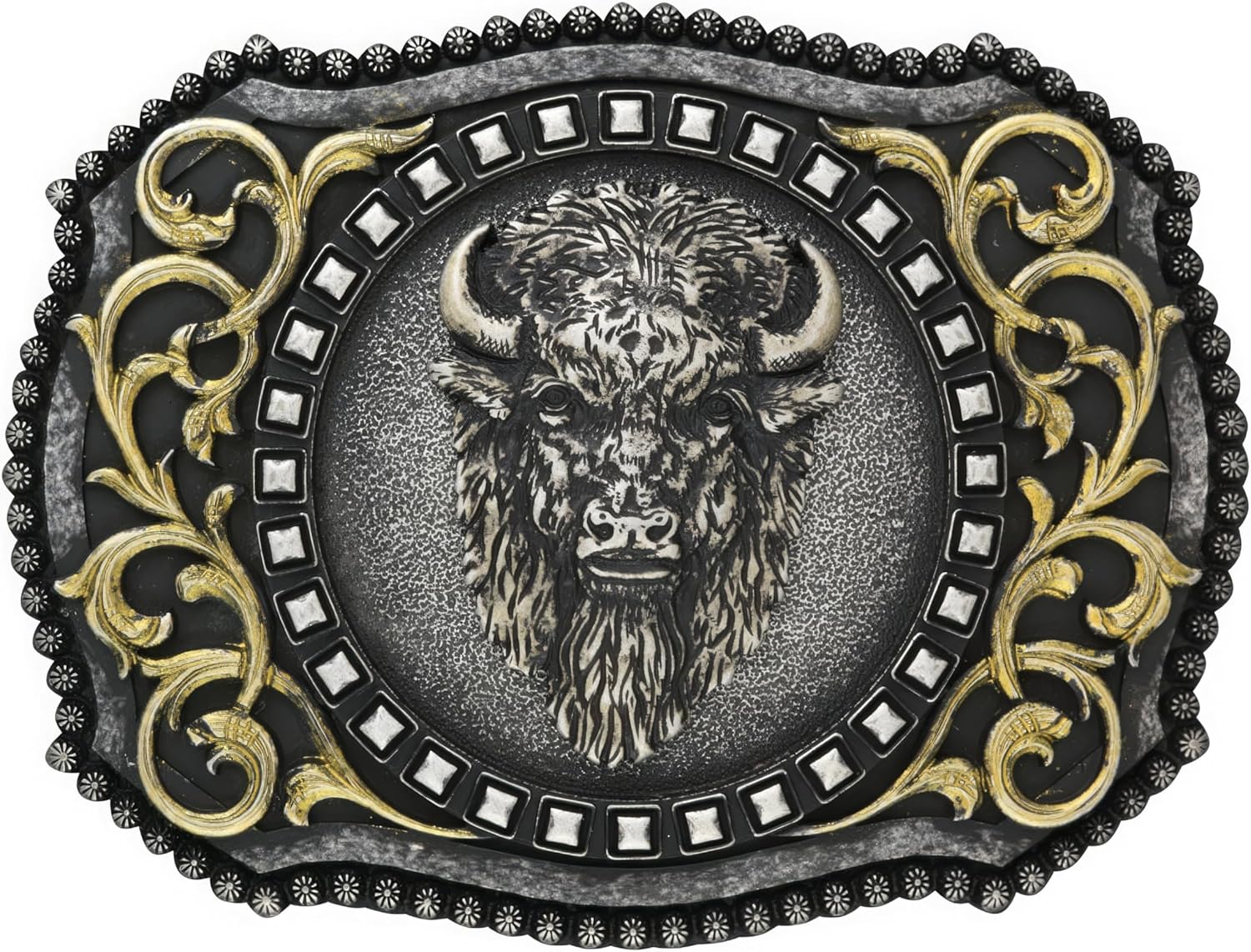 Nocona Belt Co. Men's Western Buffalo Head Buckle with Antique Gold Scrolls and Berry Edging (Antique Silver, 3" x4")