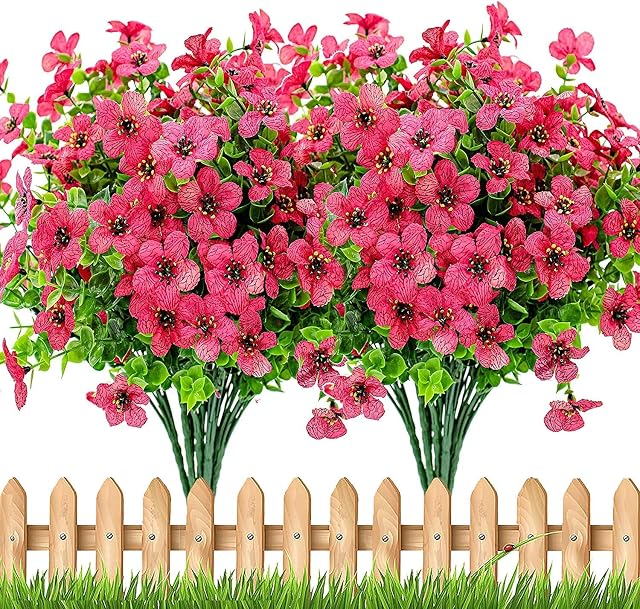 Ancokig Künstliche Blumen,Violett 4 Stück Kunstblumen Grün UV-beständige Pflanzen Sträucher Unechte Blumen Innen Draussen für Zuhause Garten Braut Hochzeit Party Dekor (Rose red)