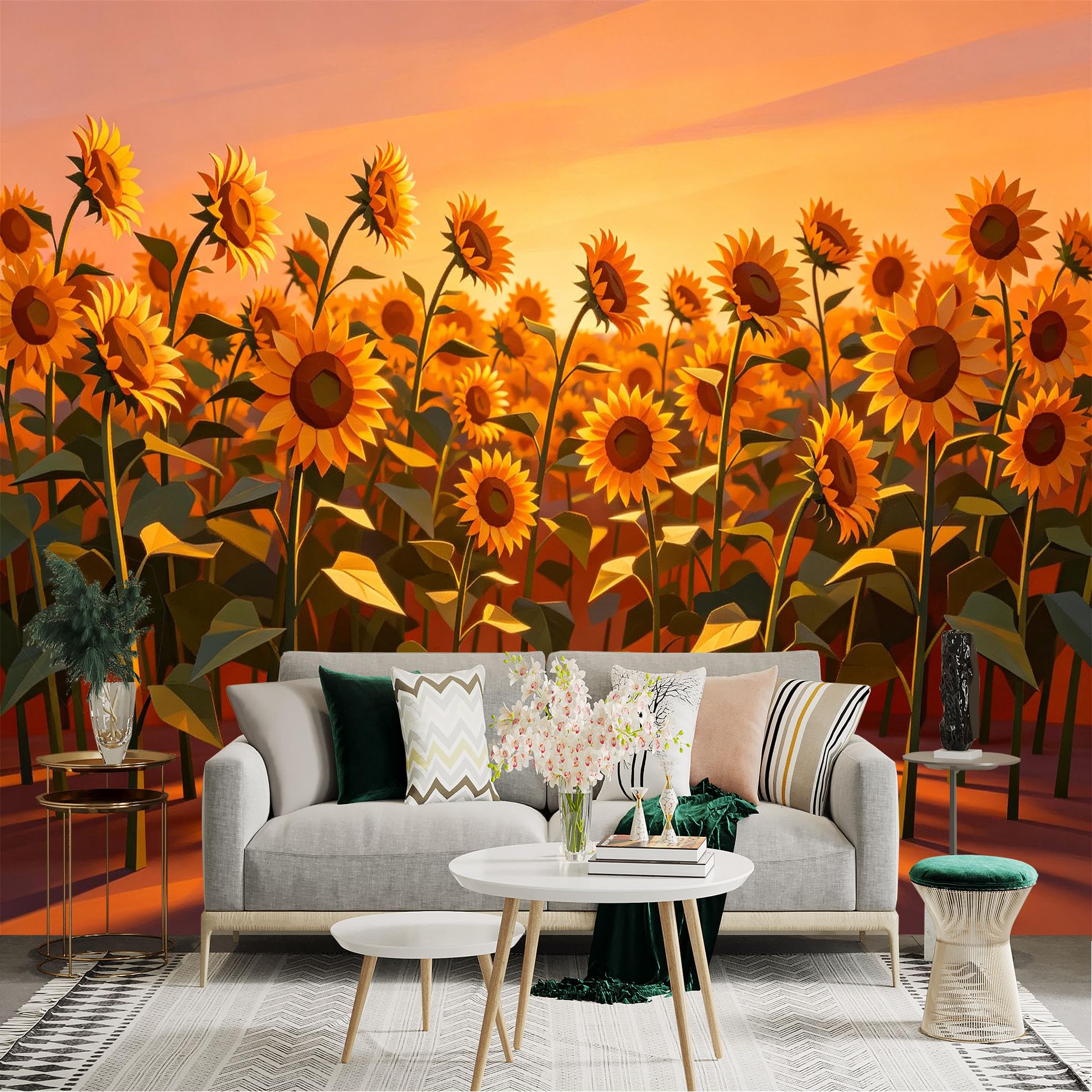 Lnzczhyre Dbh260521921 Custom Size Wall Sticker Mural， Vibrant Sunflower Field At Sunset， Golden Floral Landscape， Warm Summer Meadow， For Wall Decoration， Peelandstick Wall Decals.
