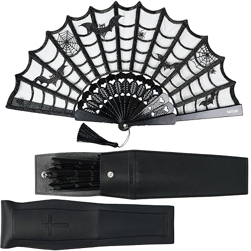 Kaitiaki Goth Folding Fan - Black Lace Handheld Fan with Spooky Spider Web Design, Gothic Accessories, Coffin Carrying Sleeve, High Airflow Fabric, Perfect for Halloween Costume