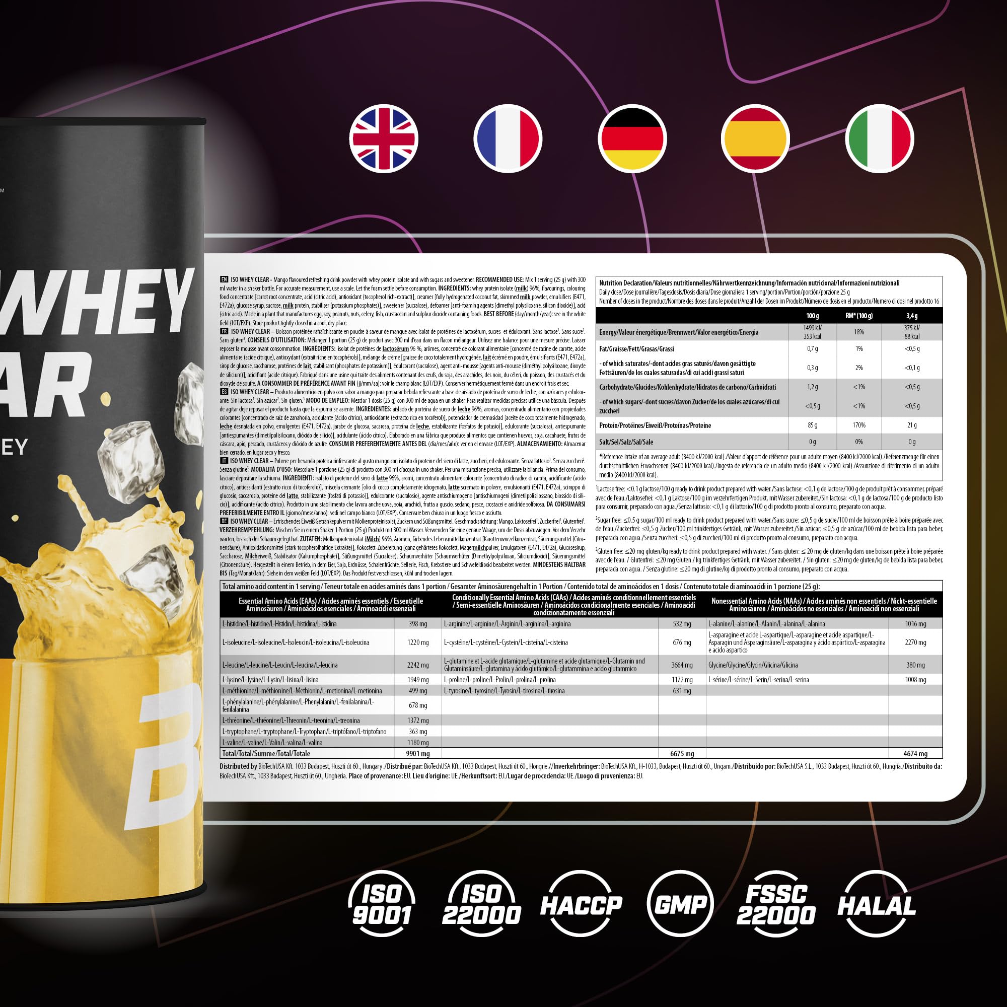 BioTechUSA Iso Whey Clear | Bebida proteica refrescante en polvo | Alto contenido en proteínas | Con aminoácidos | Sin lactosa, sin azúcares, sin gluten | 400 g, Mango