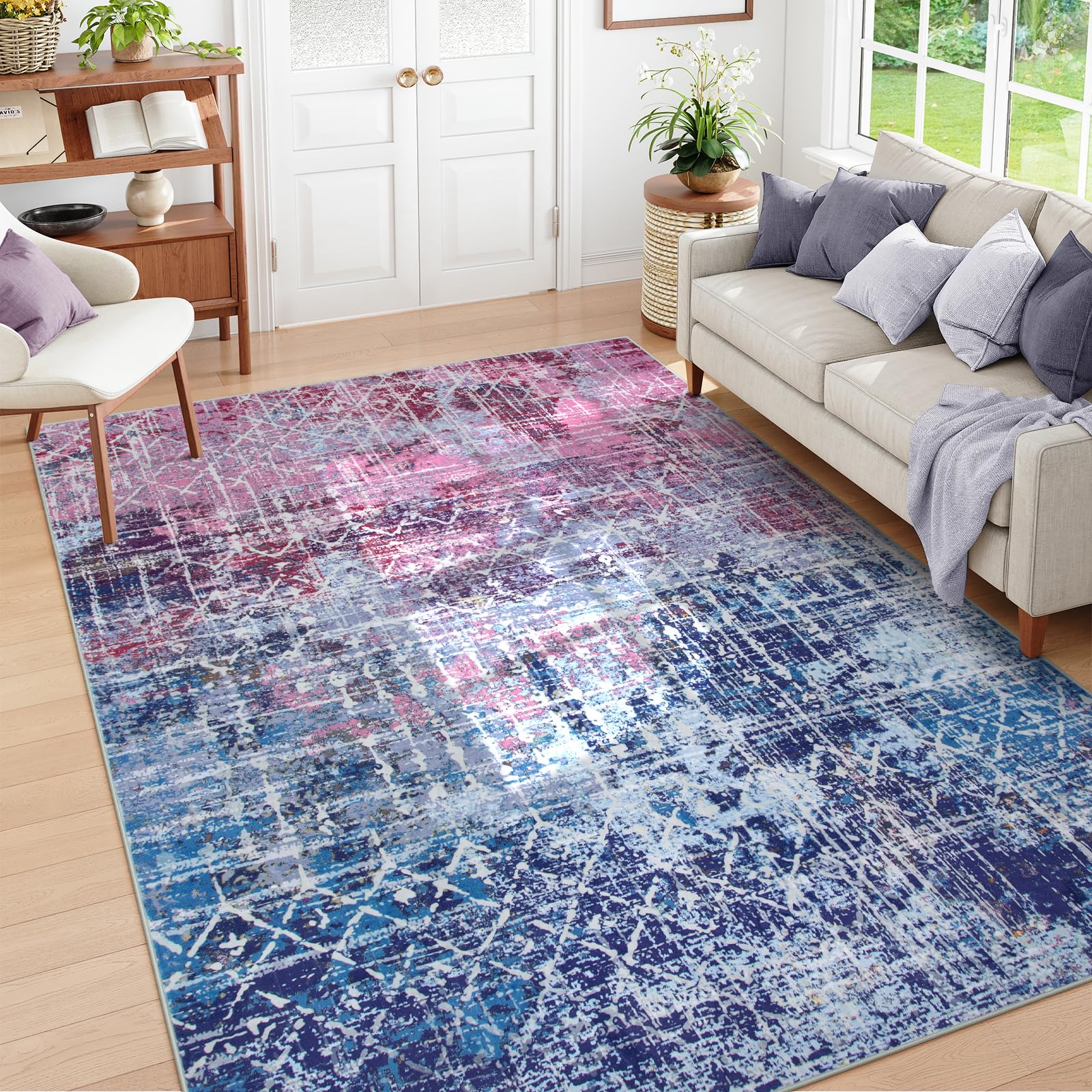 Zealude Boho Abstract Washable 6x9 Area Rugs for Living Room, Large Area Rug for Bedroom Girls, Colorful Soft Dining Room Carpet, Pastel Modern Carpet