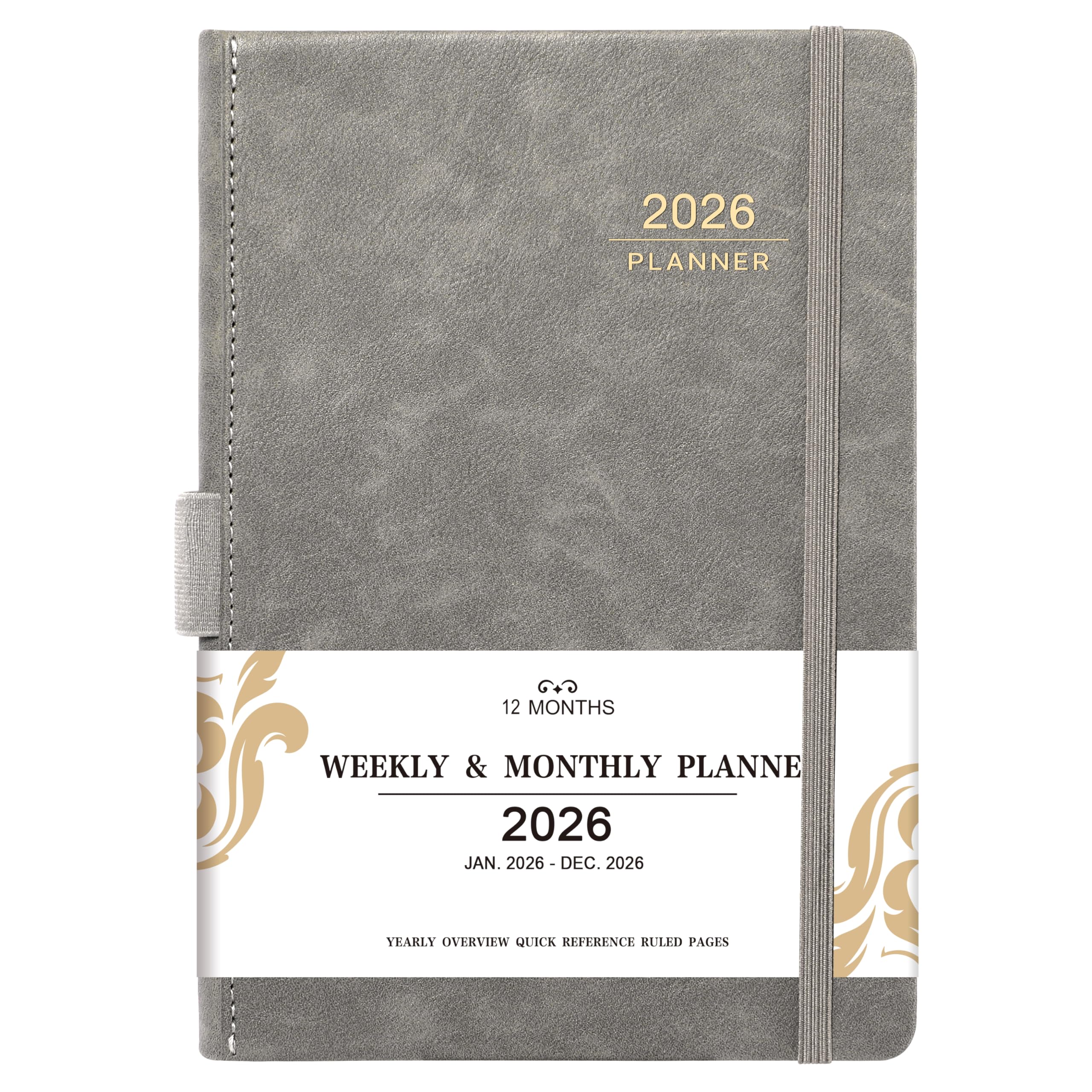 2026 Planner - Weekly Monthly Calendar from January - December 2026, 5.85‘' x 8.5'' Agenda 2026 with Leather Cover, Pen Holder, Elastic Closure, Ruled