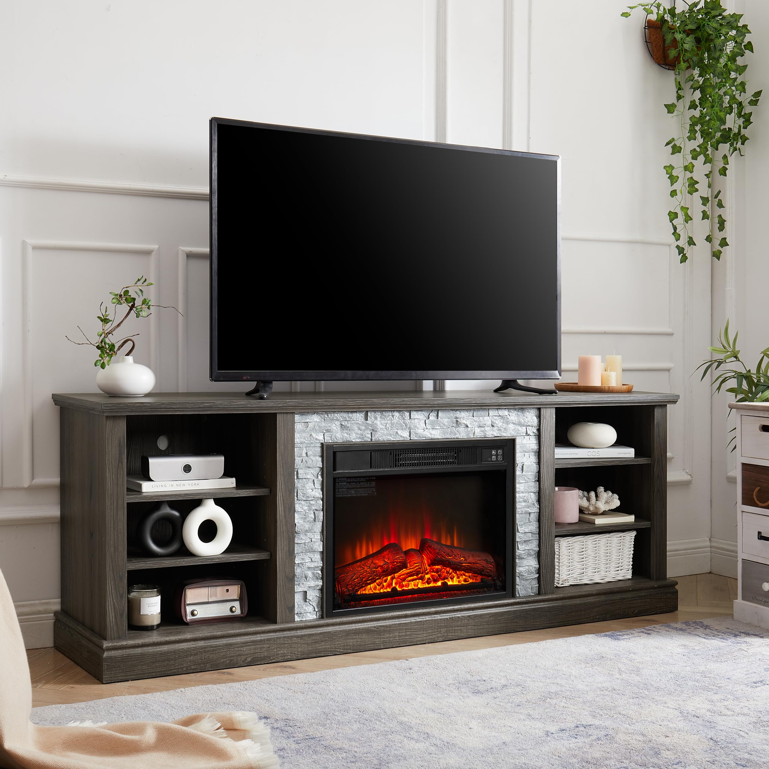 Large Stone Fireplace Television