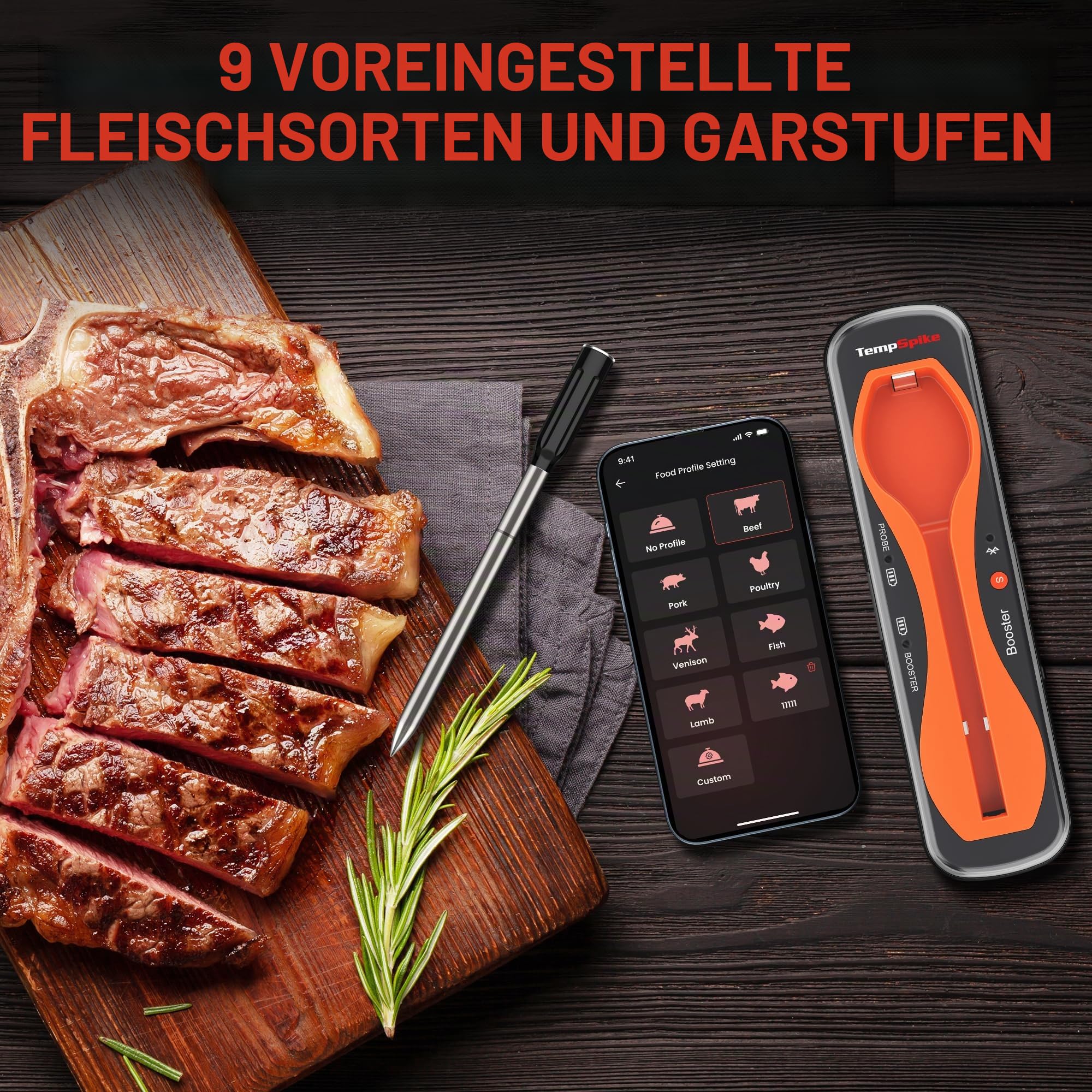 ThermoPro TempPro Fleischthermometer Kabellos 150m Bluetooth Grillthermometer IP67 Meat Thermometer Bratenthermometer für Backofen Grill Smoker Rotisserie Airfryer