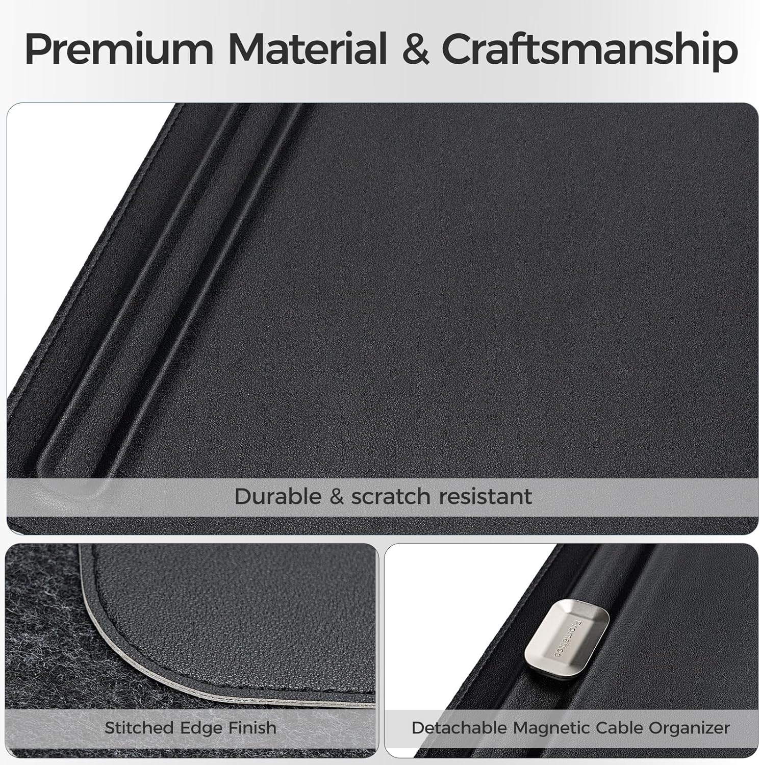Premium Double-Sided Faux Leather Desk Pad – Non-Slip, Waterproof, with Magnetic Cable Organizer & File Storage – Designed for Offices & Creative Spaces – Durable & Easy to Clean（Black）