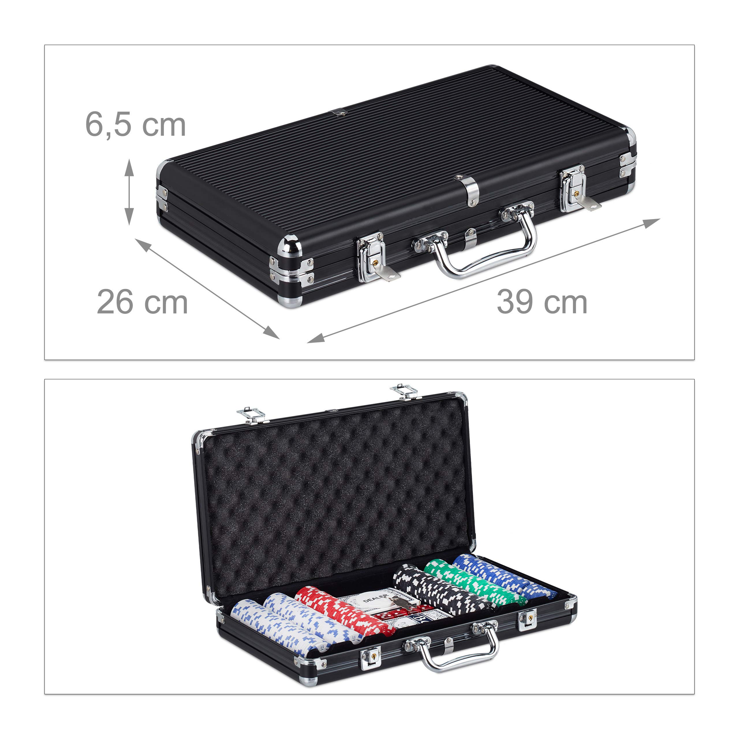 Relaxdays Valigetta Poker Alluminio Nero 300 Chip Laser 2 Mazzi Carte 5 Dadi Richiudibile Portatile