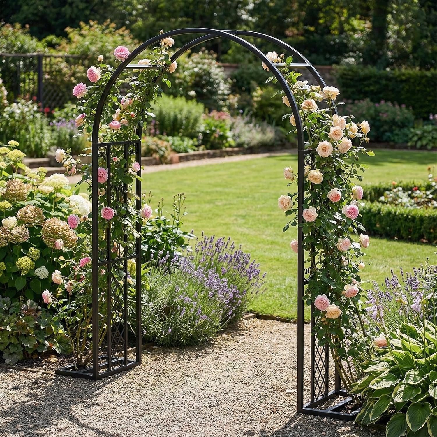 Metal Garden Arbor, Large Wedding Arch for Ceremony, Rose Arches Backdrop Stand with Enlarged Base Outdoor Garden Trellis for Climbing Plant, Black(1.4x2.3m)
