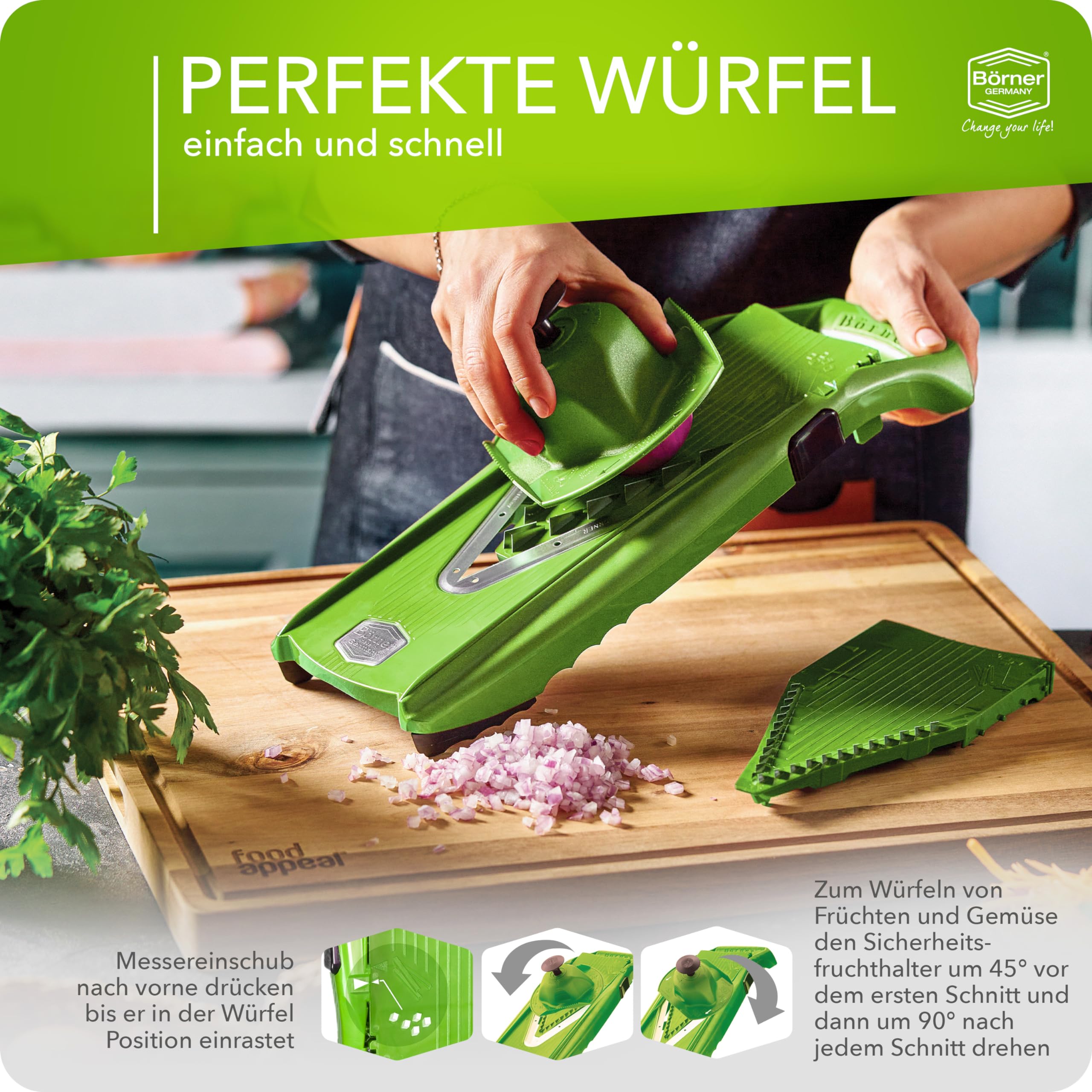 Börner Gemüsehobel V5 (Profi Set) • Verstellbarer V-Hobel 7-teilig mit 10 Schnittarten • Gemüseschneider mit Edelstahl V-Klinge • Küchenhobel inkl. Dockingstation • Farbe: Grün