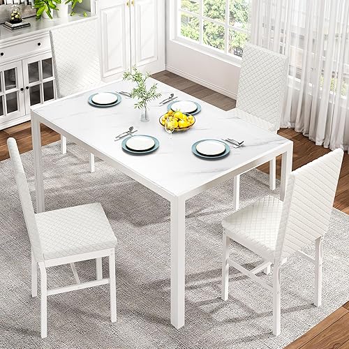 AWQM Juego de mesa de comedor para 4, 5 piezas, sillas de mesa de cocina, juego de 4, mesa de comedor de vidrio y sillas de cuero sintético, mesa de