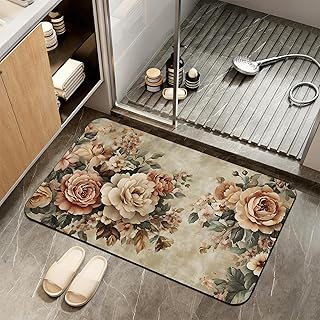 Vintage Rose Bath Mat, Retro Flowers Diatomaceous Earth Bath Mat,Rubber ...