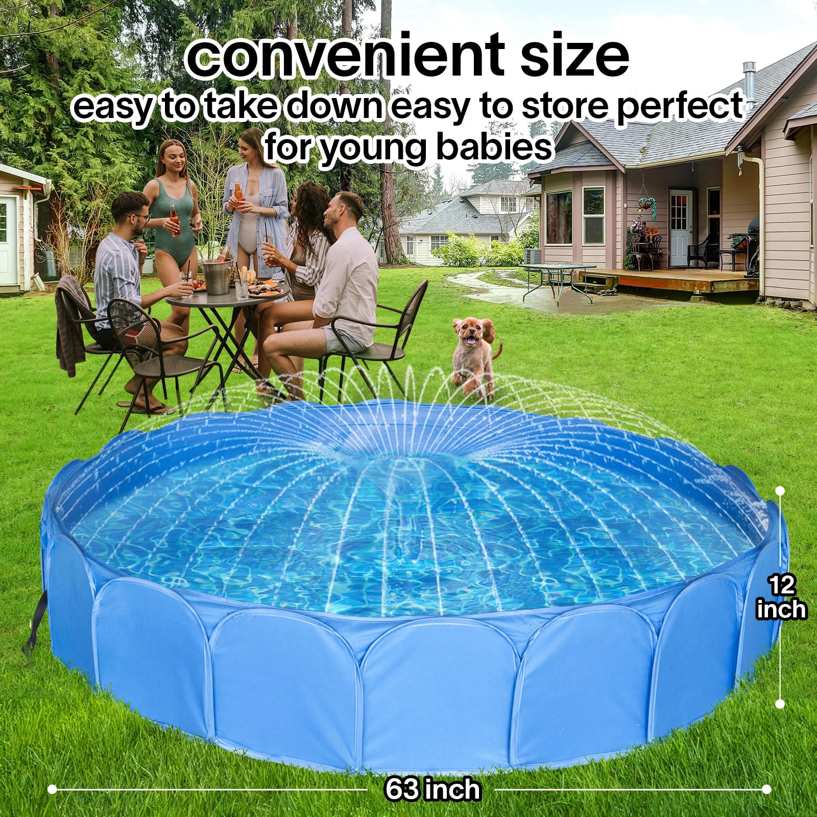 Collapsible Sprinklers Pool for Pet - Foldable Dog Pool for Backyard - Portable Heavy Duty Splash Pad for Puppy Pet Dog (63