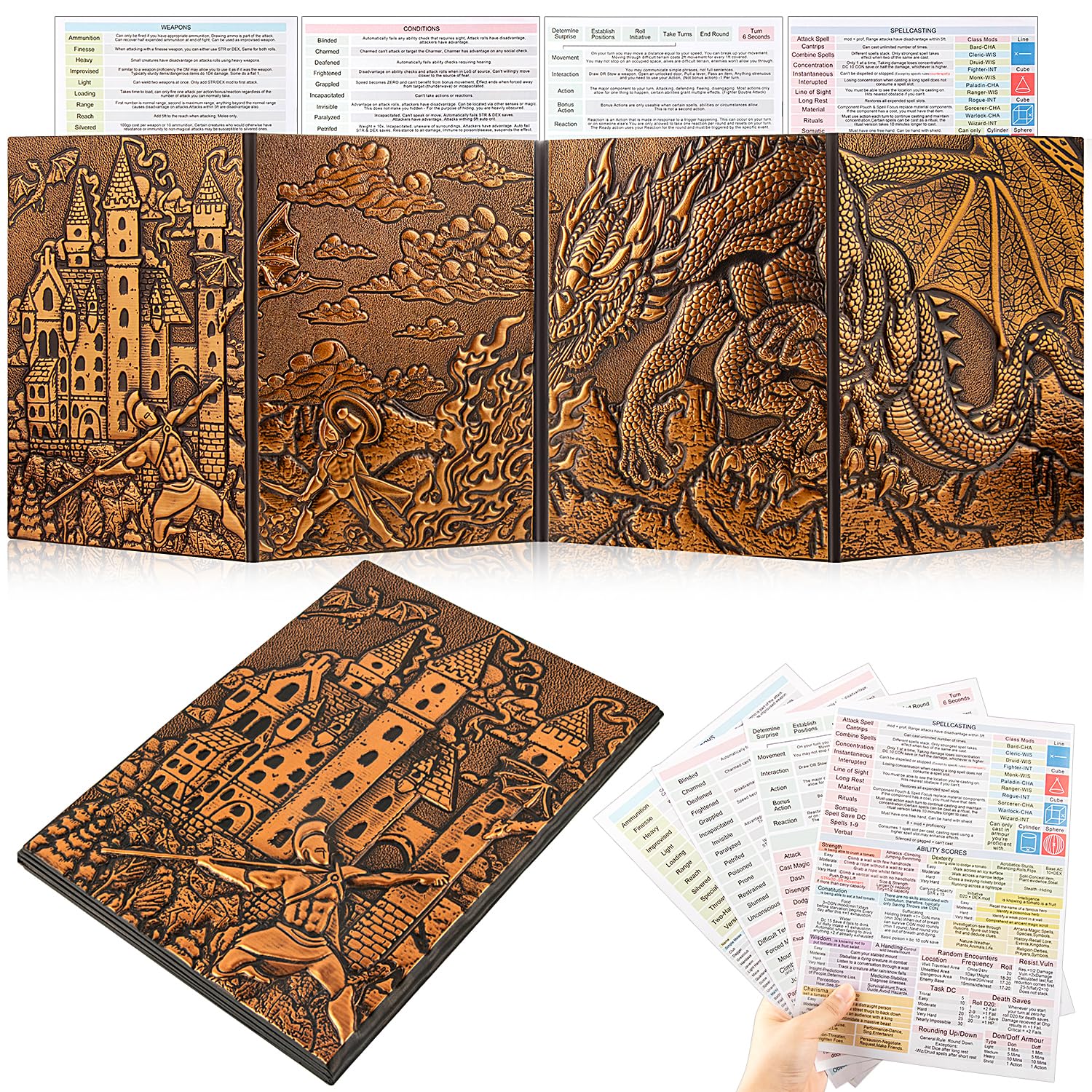 DND Dungeon Master Screen 3D Faux Leather 4 Panel Game Master with Pockets DM Screen for DM Game Accessories Gift Dungeons and Dragon Pathfinder D&D