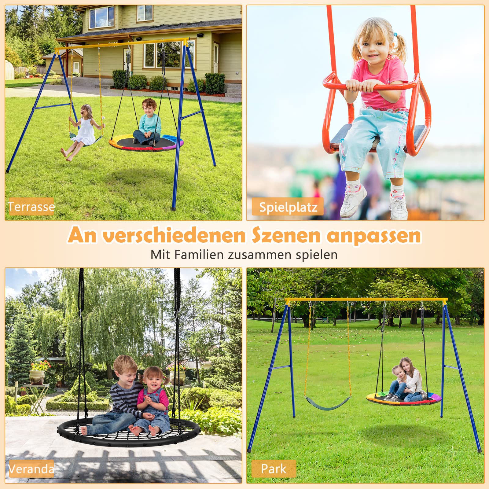 COSTWAY Doppelschaukel mit Gestell, Outdoor Schaukel für Kinder, Schaukelgestell mit Kinderschaukel und Nestschaukel, Schaukelgerüst bis 300 kg belastbar (2 Schaukel mit Gestell)