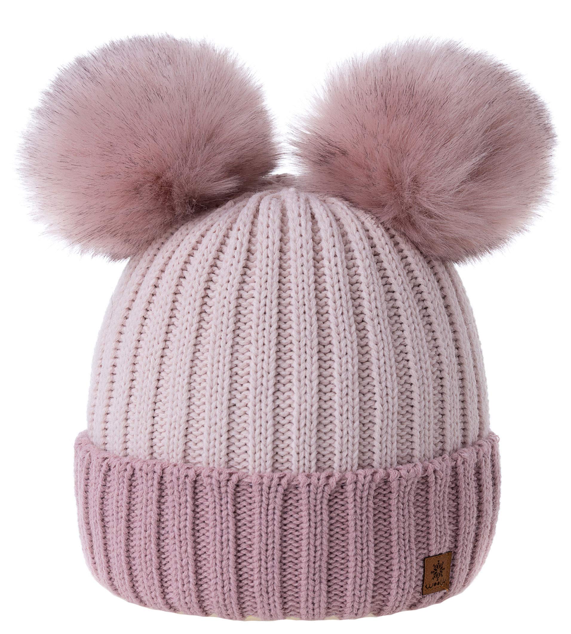 Girls Winter Beanie Hat Knitted Hats Kids Girl With Large Double Pom Pom Ski MFAZ Morefaz Ltd (Rose-Pink Powder-Pink)