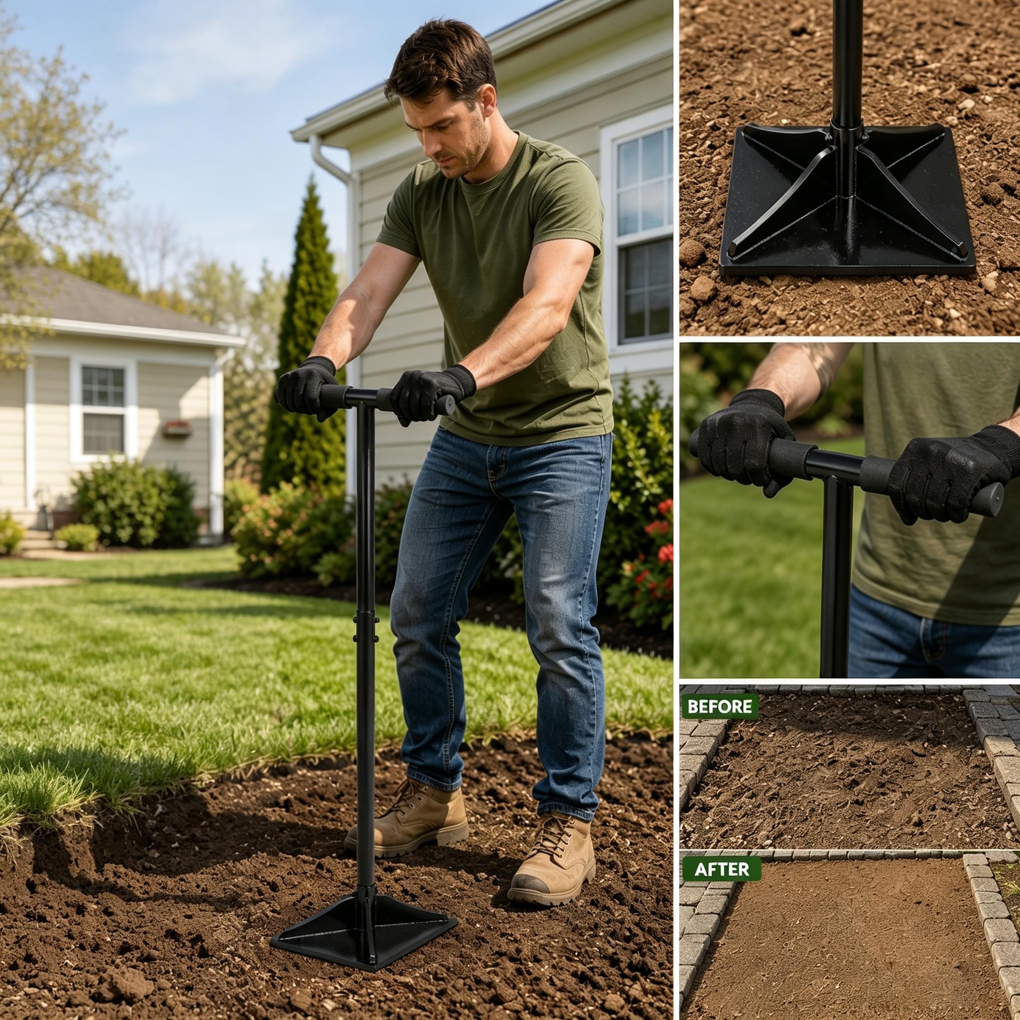Handstampfer mit 120cm Griff, 25x25cm Stampfer Bodenverdichter mit T-Griff zum Verdichten und Handschuhe, Manuelle Rüttelplatte für Gartenarbeit Bodenmontage