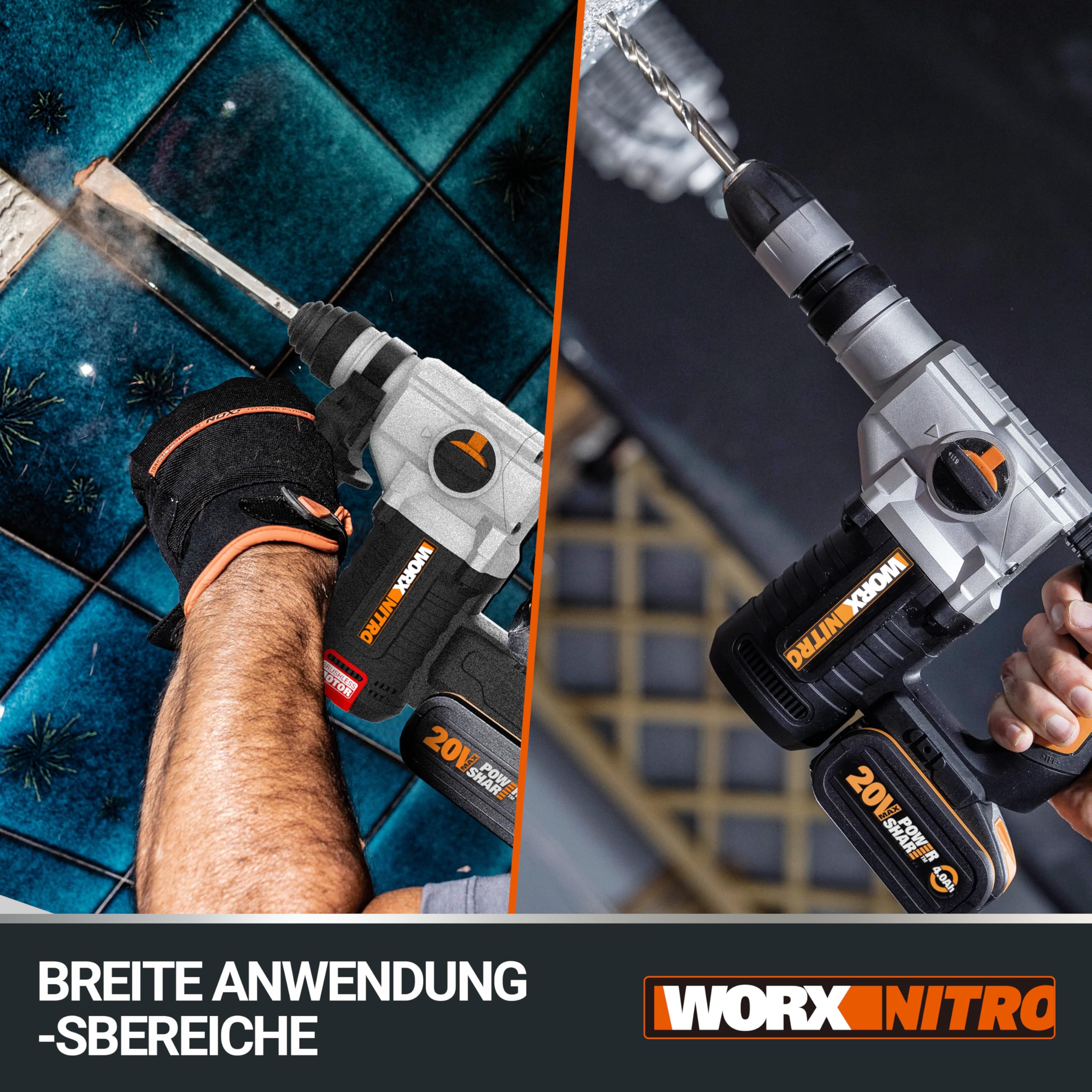 WORX NITRO WX380.9 Akku-Bohrhammer 20V - zum Bohren, Hammerbohren & Meißeln - bürstenloser Motor - stufenlose Drehzahleinstellung - verschiedene Stoff kompatibel - ohne Akku & Schnellladgerät