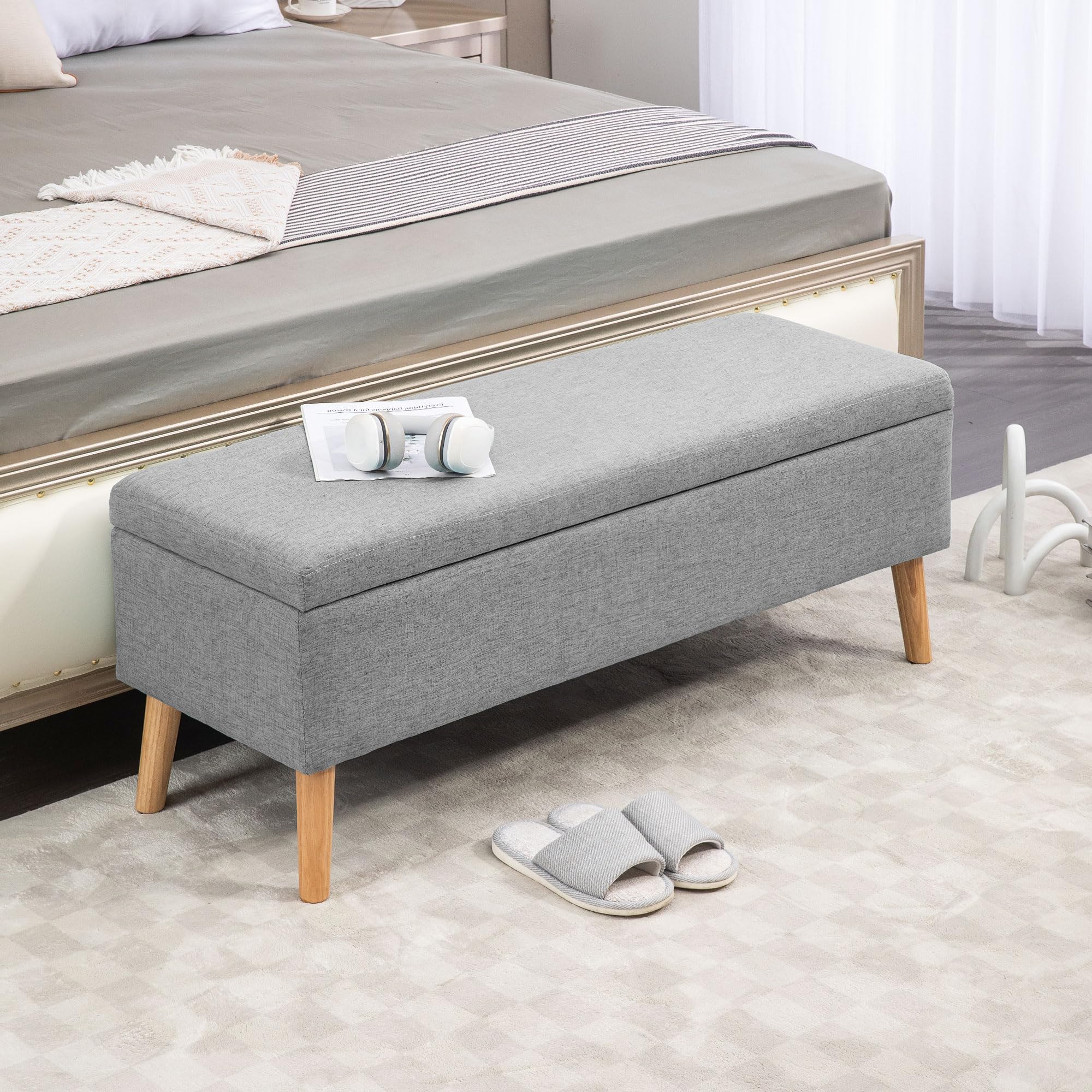 HOMCOM Sitzbank mit Stauraum Polsterbank mit Leinenoptik, Sitztruhe mit Holzbeine, Truhenbank für Wohnzimmer Schlafzimmer Flur 110 x 39 x 45 cm, Grau