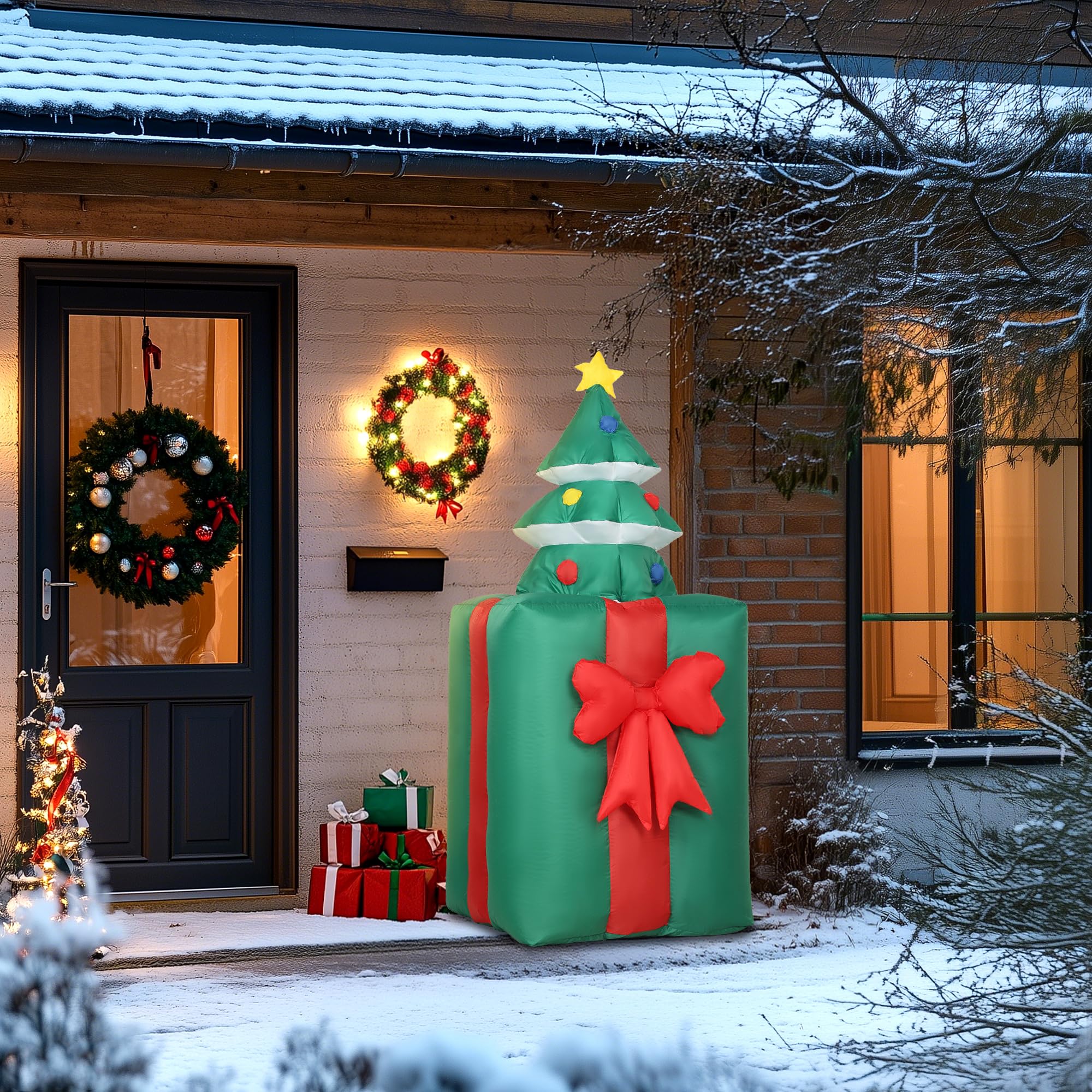 Outsunny 160-213 cm Aufblasbarer Weihnachtsdekoration mit LED-Lichtern | Beweglicher Weihnachtsmann aus Geschenkbox, mit Weihnachtsbaum, Weihnachtsdeko, für Rasen Hof und Garten
