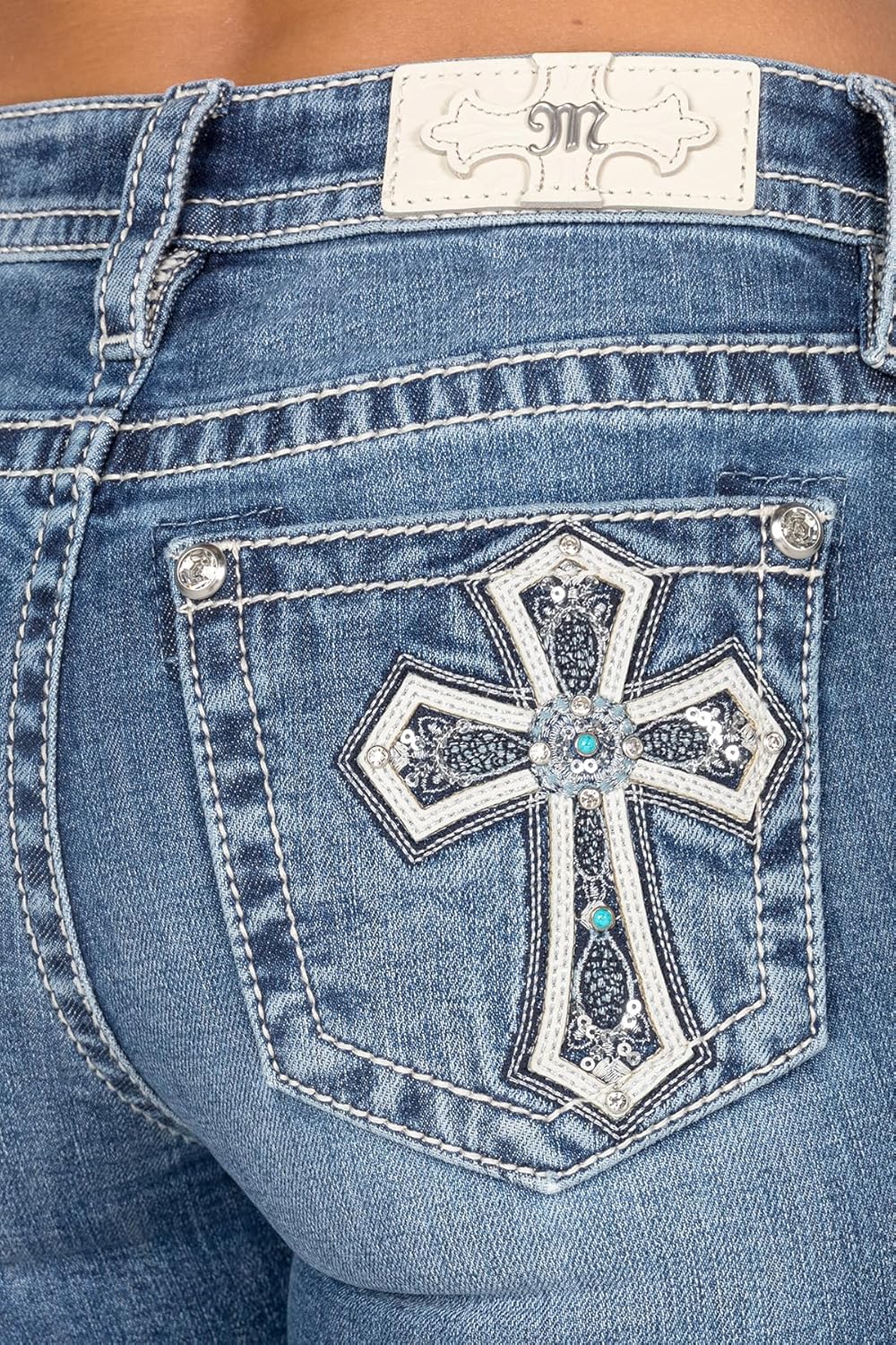 Miss Me Women's Mid-Rise Bootcut Jeans, Silver and Turquoise Cross, Stretch Denim - Image 4