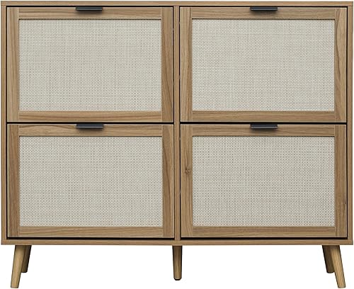 ZeHuoGe Zapatero de ratán con 4 cajones abatibles, armario de almacenamiento de 2 niveles de nogal para tacones, zapatillas, zapatero independiente,