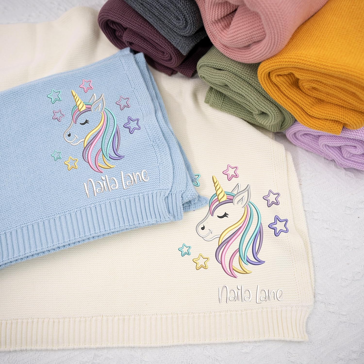 Personalized Cute Unicorn Baby Girl Blanket, Magic Machine Embroidery Baby Organic Cotton Knit, Customised Girl Unicorn Gifts, Magic Unicorn Baby Newborn