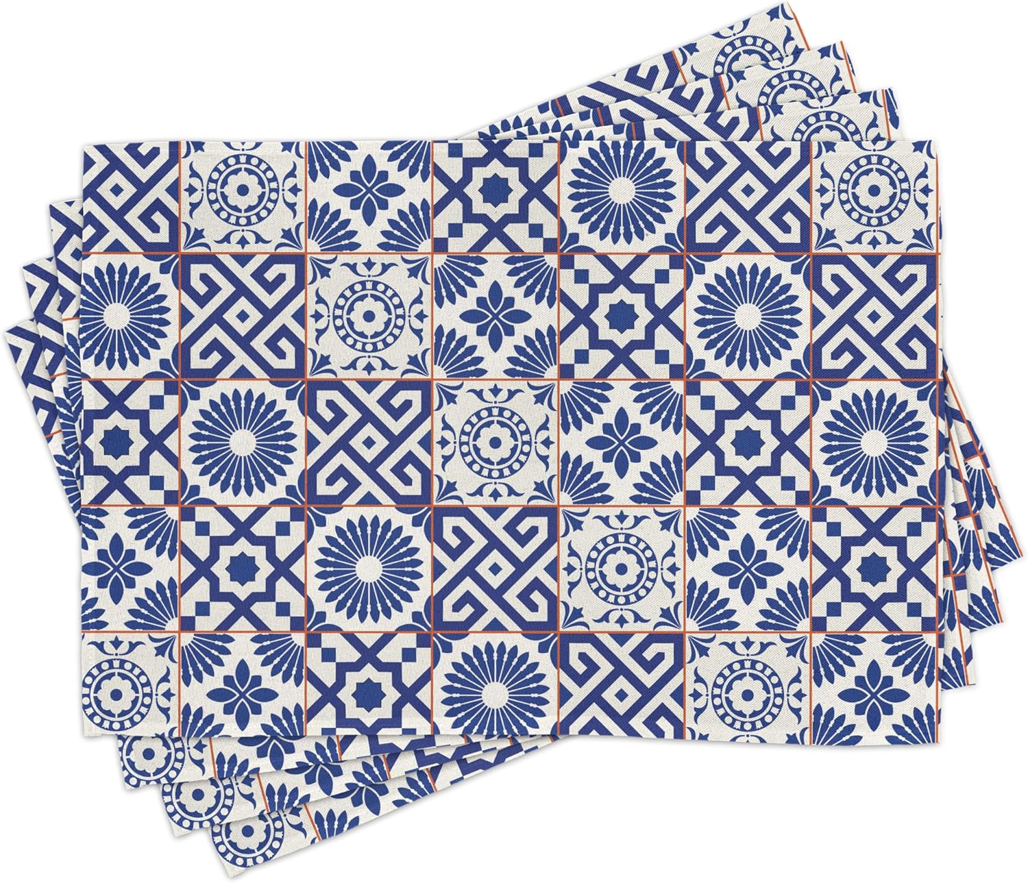 Lunarable Geometric Table Runner & Placemats, Azulejo Tile Motifs Portuguese Ceramic Pattern European Art, Set for Dining Table Decor, Placemat 4 pcs + Runner 16"x72", Burnt Sienna Royal Blue