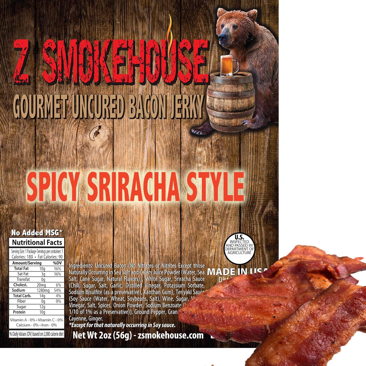 Spicy Sriracha Style Bacon Jerky All Natural Uncured No