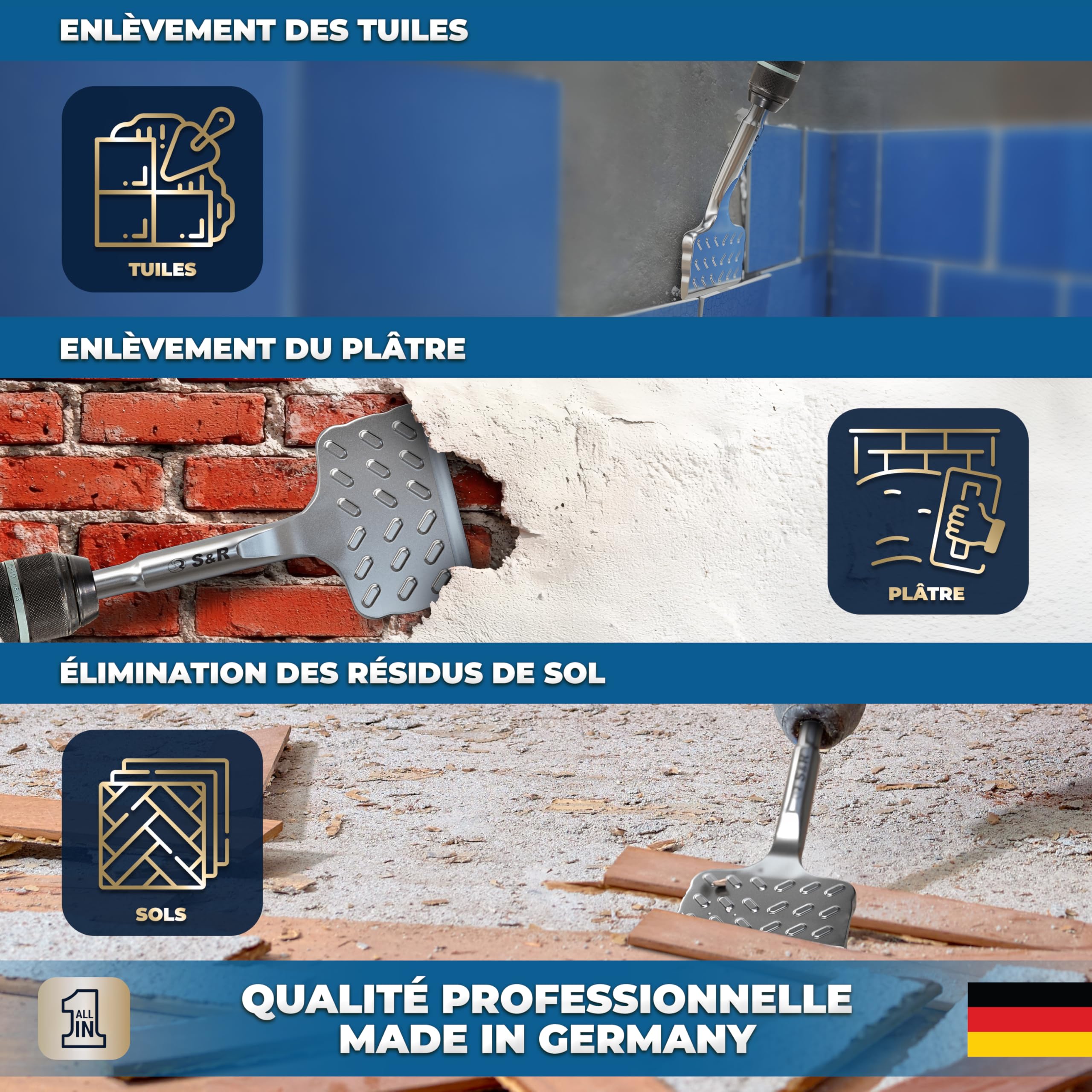 S&R Burin SDS PLUS Carrelage Burin Plat pour Carreleur 165 x 75mm Qualité Industrielle. Fabrication Allemande. Burin Perforatetur SDS-Plus