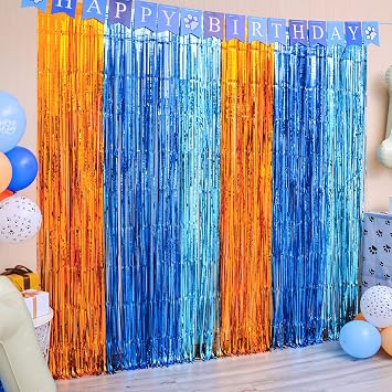 LOLStar Blue Dog Party Decorations, 2 Pack Dog-Themed Birthday Party Supplies, 3.3x6.6 ft Orange Blue and Light Blue Tinsel Photo Booth Props Streamer Photo Backdrop for Kids Boys Girls Party Decor