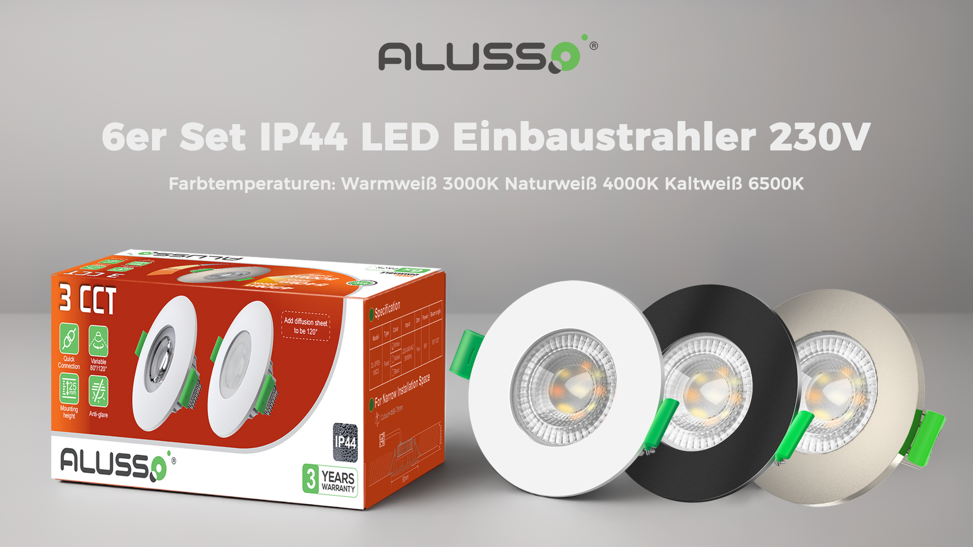 ALUSSO LIGHTING LED Einbaustrahler 6W, Dimmbar, 3CCT (3000K/4000K/6500K), IP44, 68 Mm, 6er Set, Nickel Gebürstet
