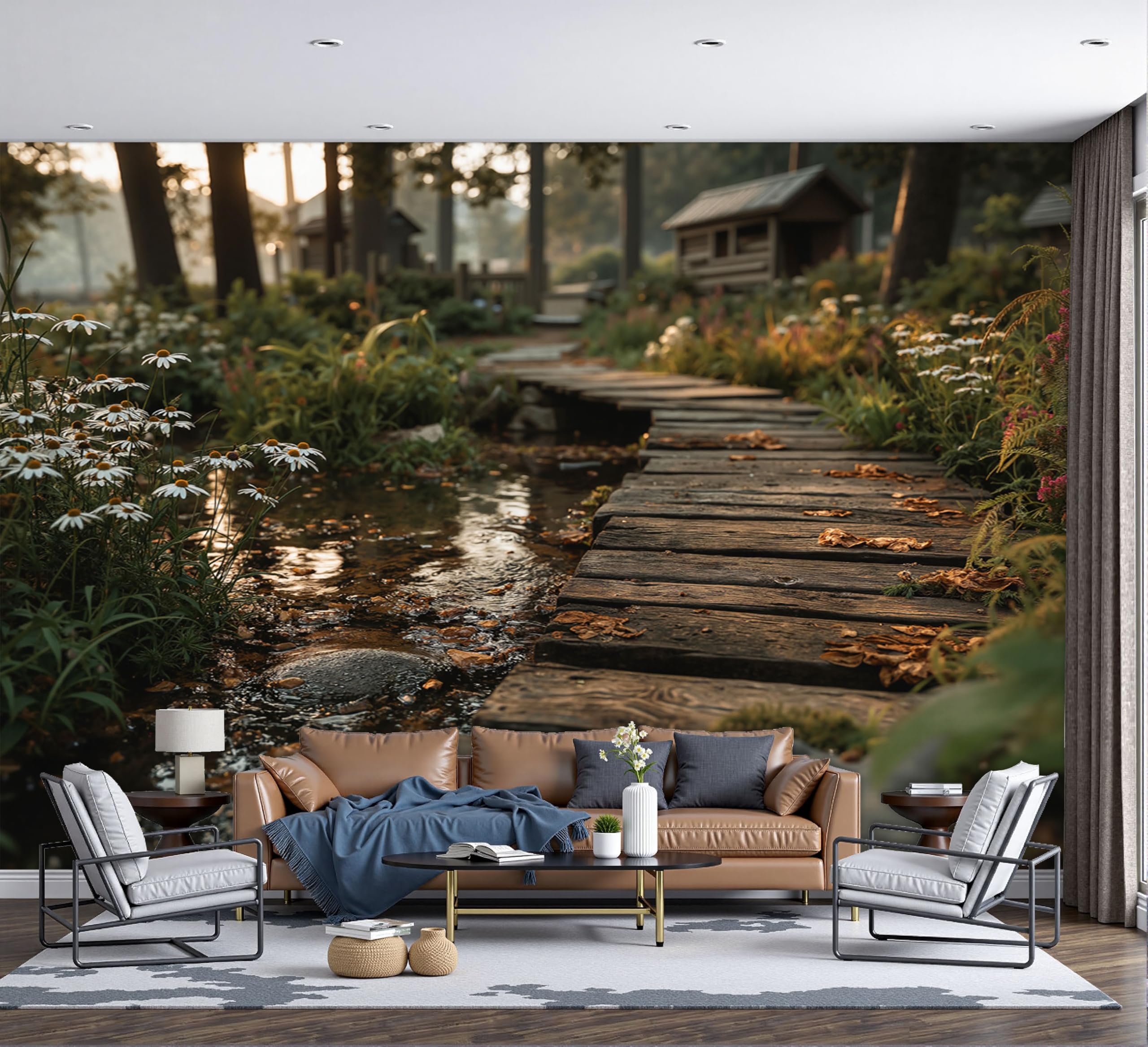 Papier peint panoramique réalisme naturel pour agrandir visuellement un salon sombre