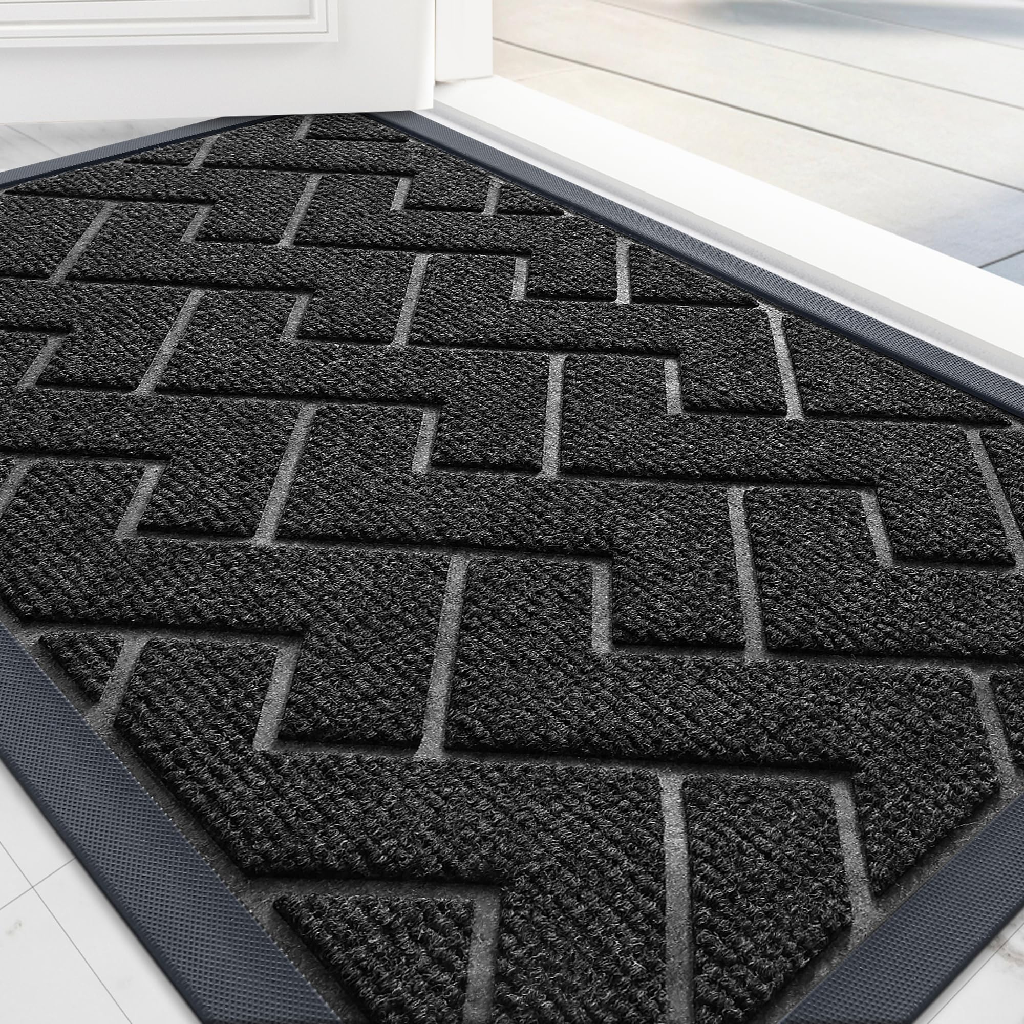 OLANLY Front Door Mat Indoor Outdoor Entrance, Waterproof All-Season, All-Weather Welcome Doormat, Sturdy Natural Rubber, Low Profile, Easy Clean Patio Porch Entryway Outside Floor Mat, 29.5x17, Black