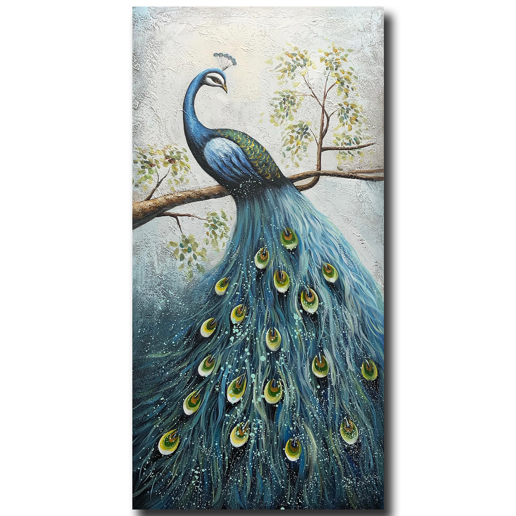 V-inspire Art,24x48 Inch Modern Abstract Wall Art Vivid Peacock Hand-Painted Oil Painting Acrylic Canvas Art Blue Animal Living Room Bedroom Decoration