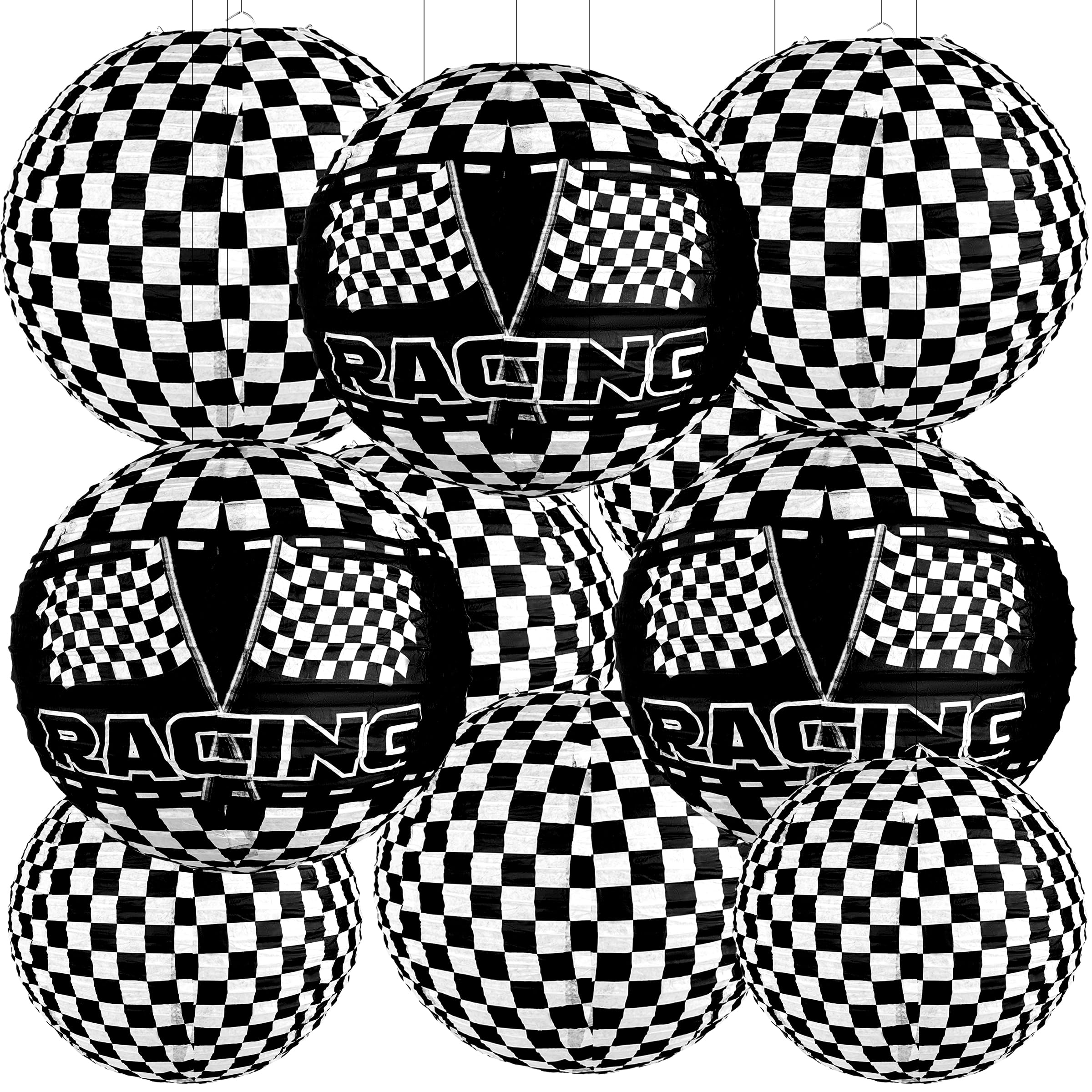 10 PCS Race Car Paper Lanterns 12 in Black and White Checkered Paper Lanterns Racing Car Themed Hanging Round Paper Lanterns for Birthday Wedding Baby Shower Party Supplies