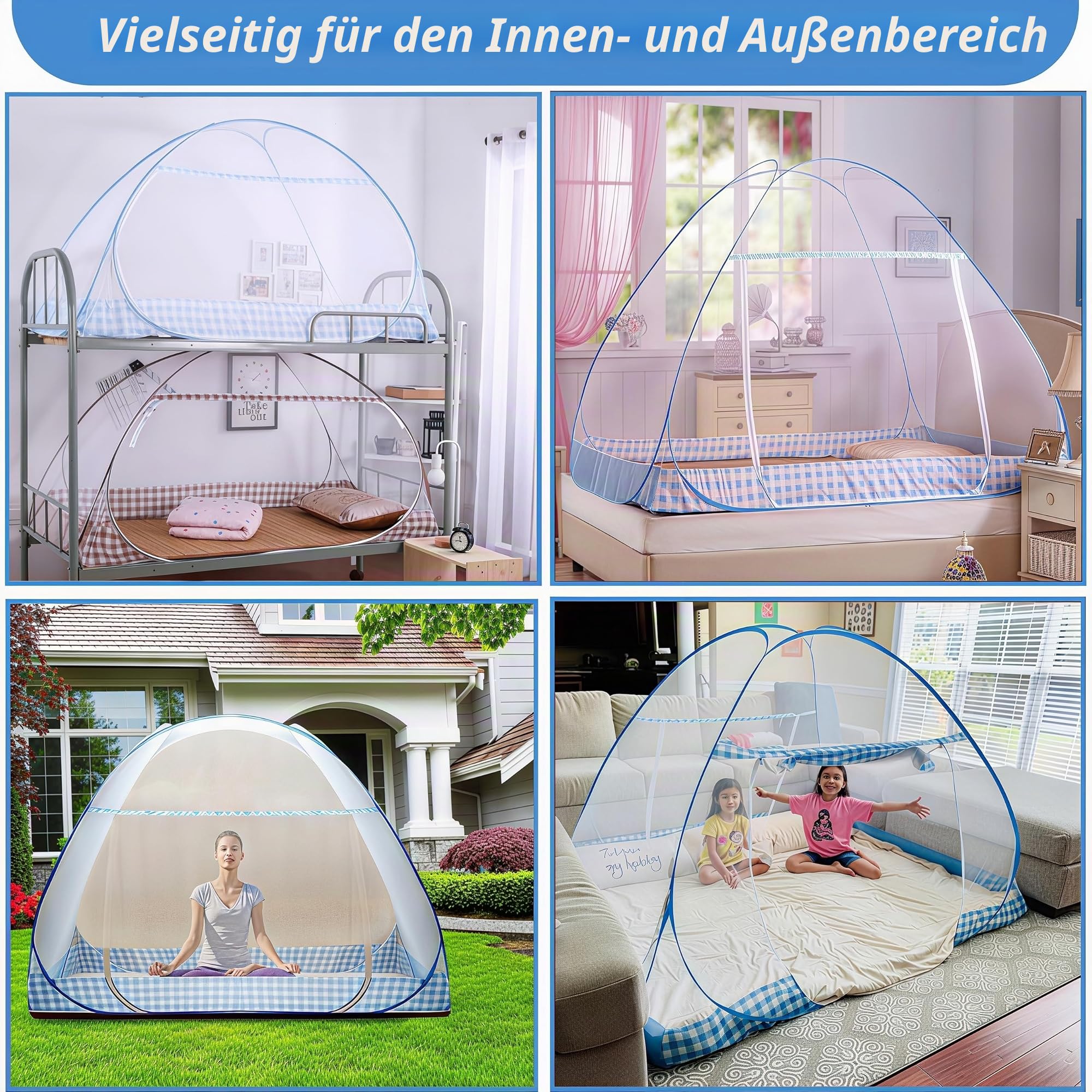 Digead Faltbares Pop-up Moskitonetz für Bett, 100×200 cm Einzeltür Design, Tragbares Reise moskitonetz, Ideal für Zuhause, Reisen & Camping - Blauer Rand