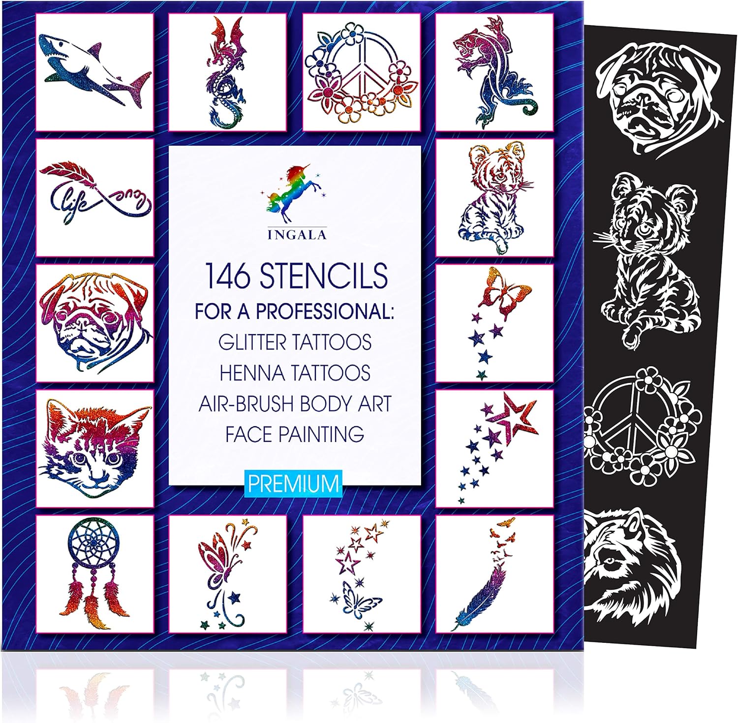 INGALA PREMIUM Stencils Set 146 Unique Artistic Glitter Tattoo