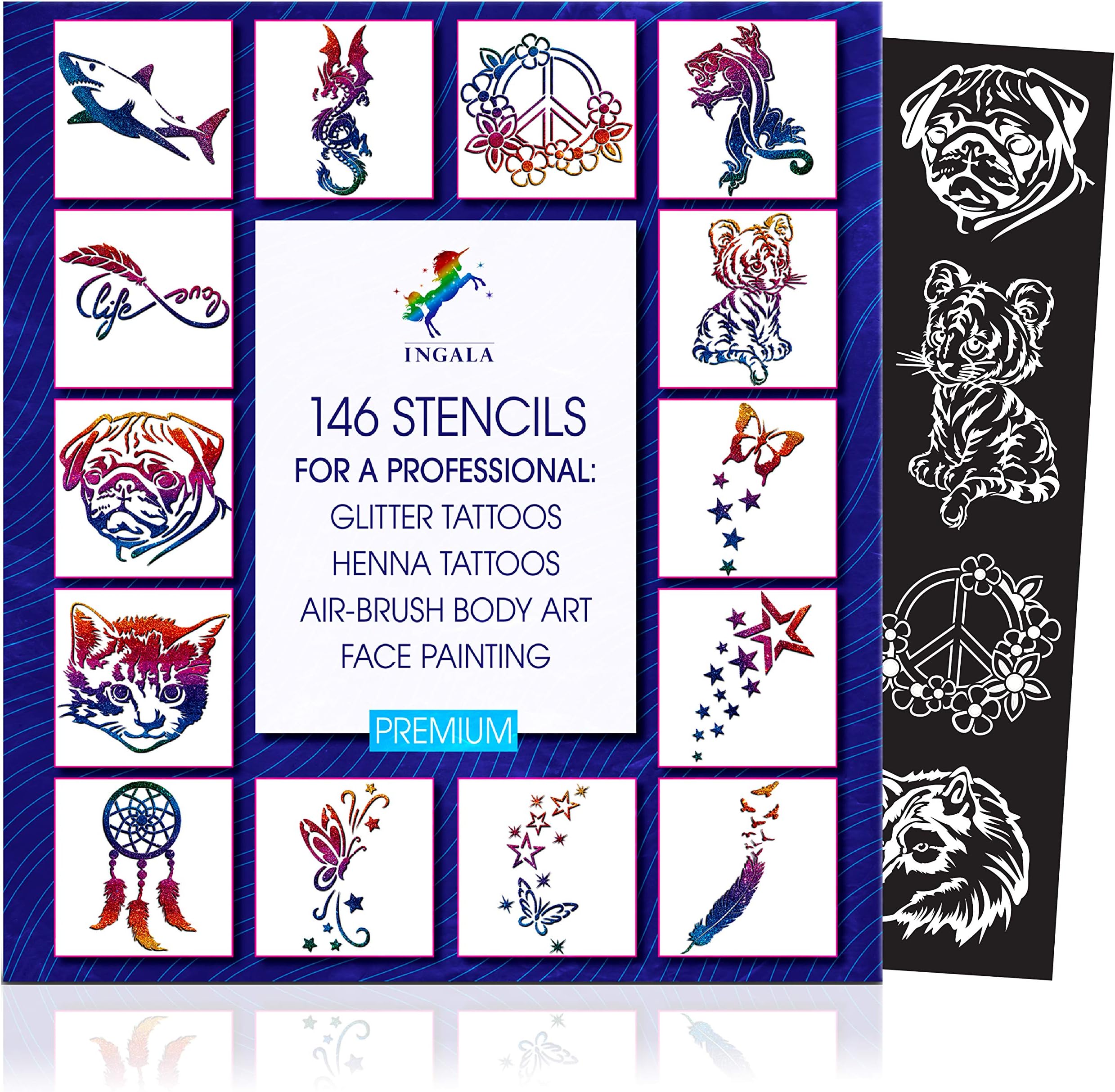 Stencils Set for Temporary Tattoos, 146 Glitter Tattoo Stencils for Kids, Stenciles Kit for Glitter Tattoos for kids, Teens and Adults, Henna Tattoo Stencils, 5-10 Year Old Girl Gifts