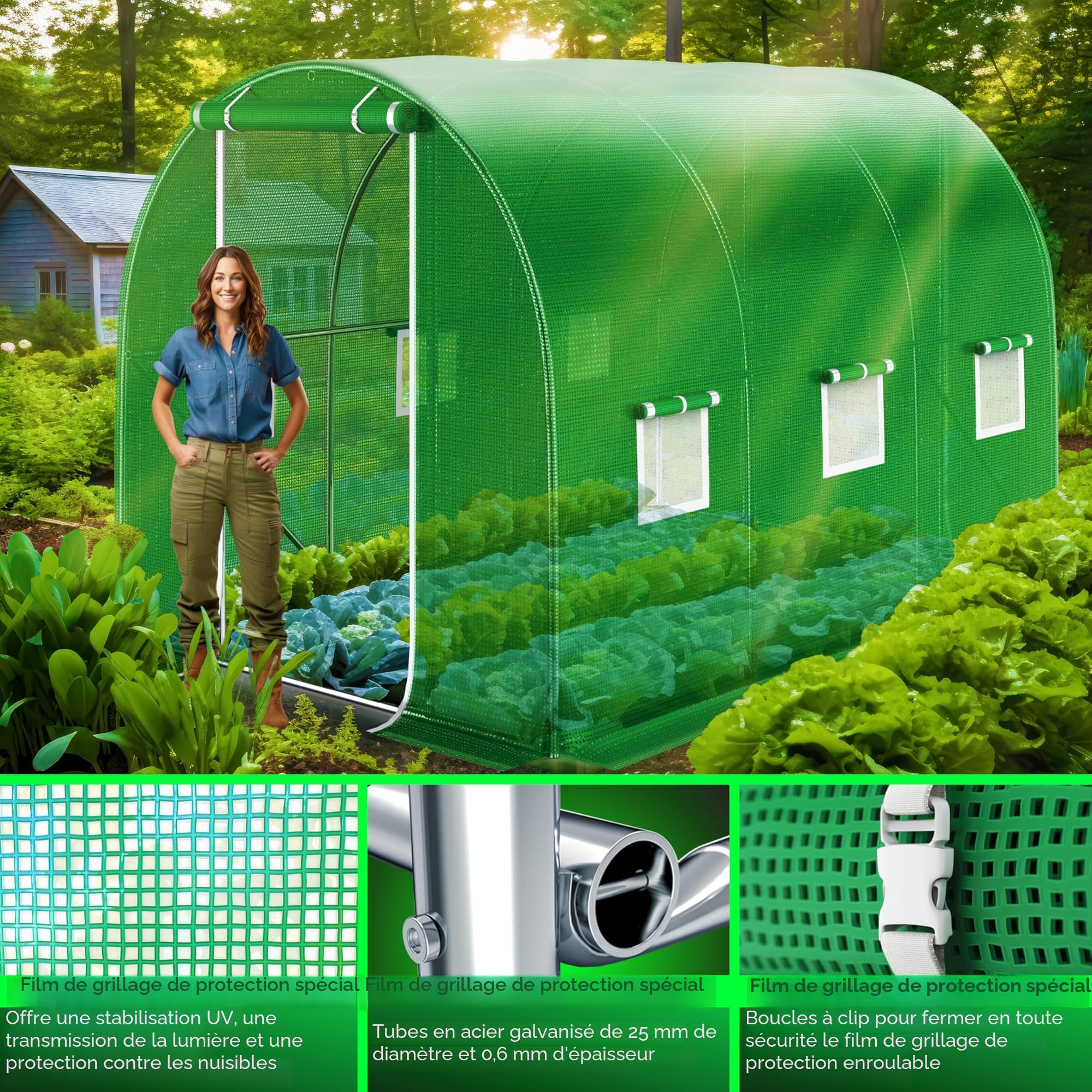 KESSER® Serre en film stable avec 6 fenêtres avec moustiquaire et porte | Tunnel de jardin avec cadre en acier galvanisé | Tunnel en film 170 g/m² avec piquets d'ancrage au sol gants et cordes | 200 x