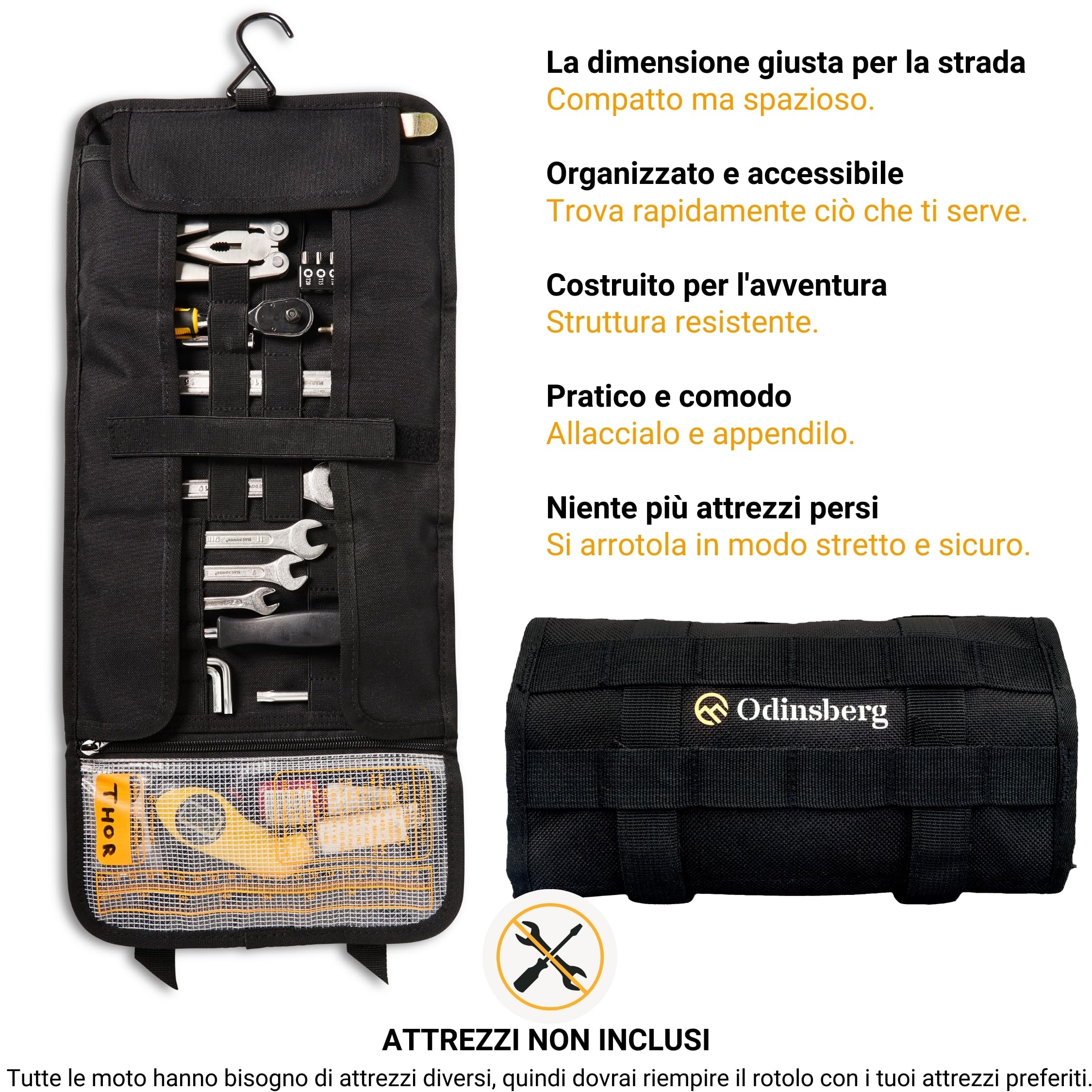 ODINSBERG Borsa Porta Attrezzi Moto Arrotolabile - Attrezzi NON Inclusi - Borsello Moto con 56 Elastici, Tasca, Sistema MOLLE e Doppia Chiusura per Proteggere e Organizzare il Kit di Attrezzi